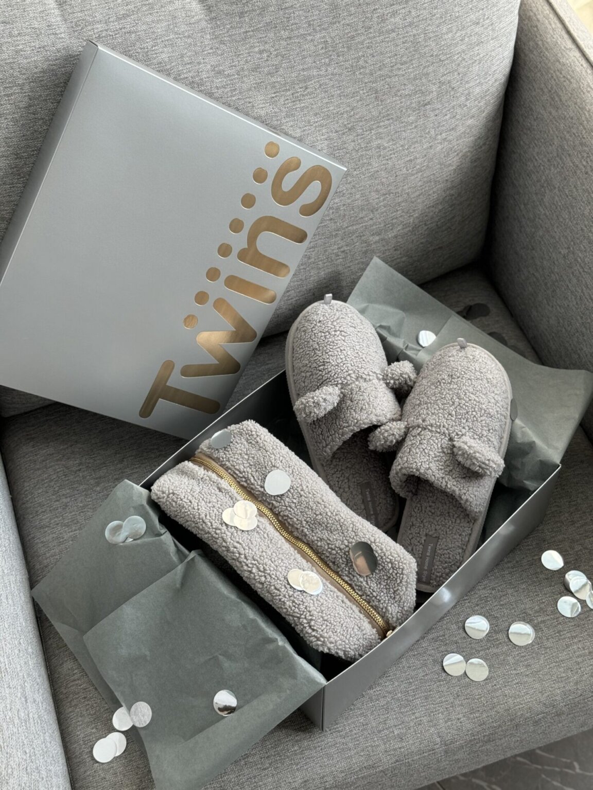 Подарунковий набір TEDDY grey (косметичка, капці, пакування сіре)