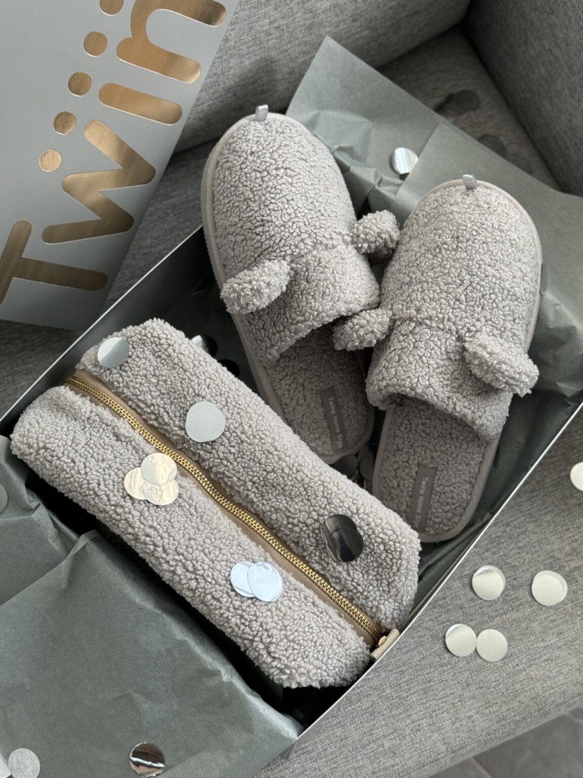 Подарунковий набір TEDDY grey (косметичка, капці, пакування сіре)