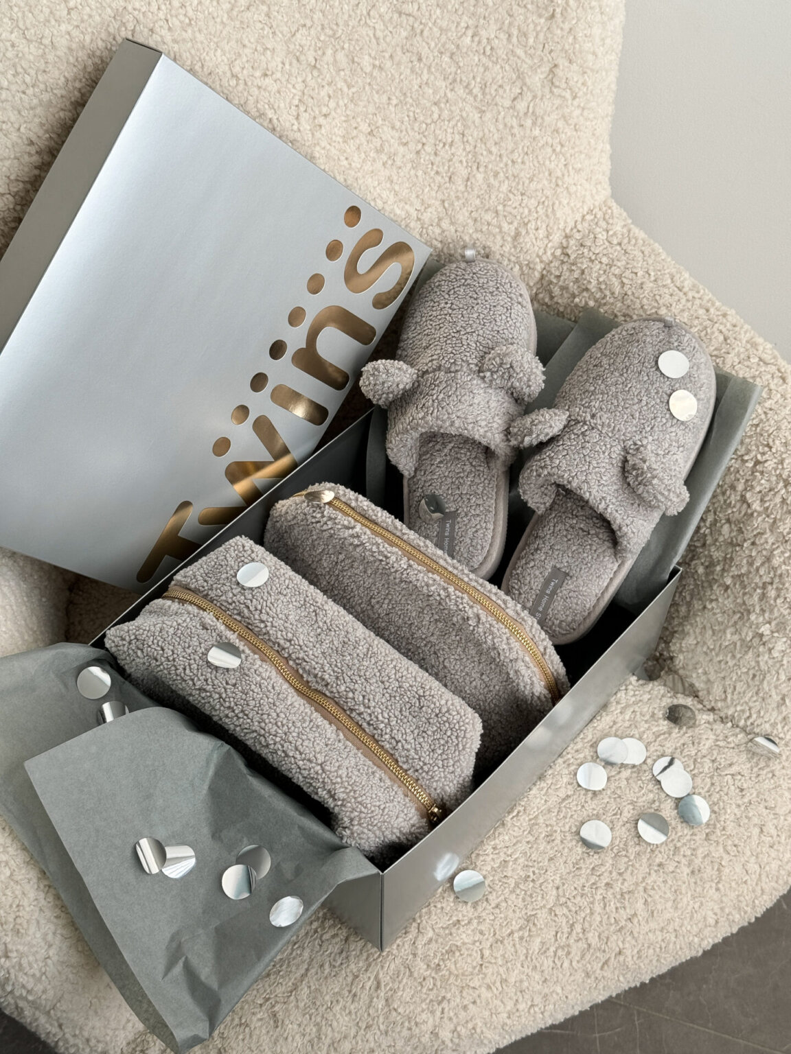 Подарунковий набір TEDDY grey (косметичка, капці, пакування сіре)