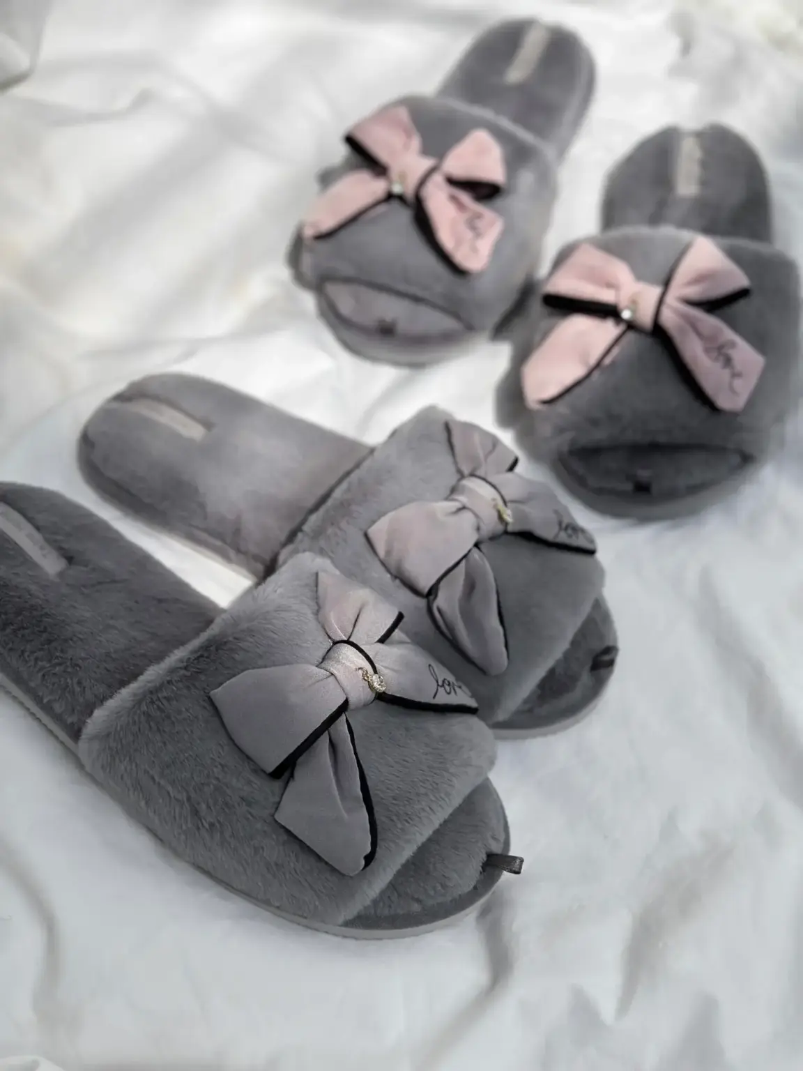 Капці домашні жіночі HS-LUX хутрянi бант GRAY (=)