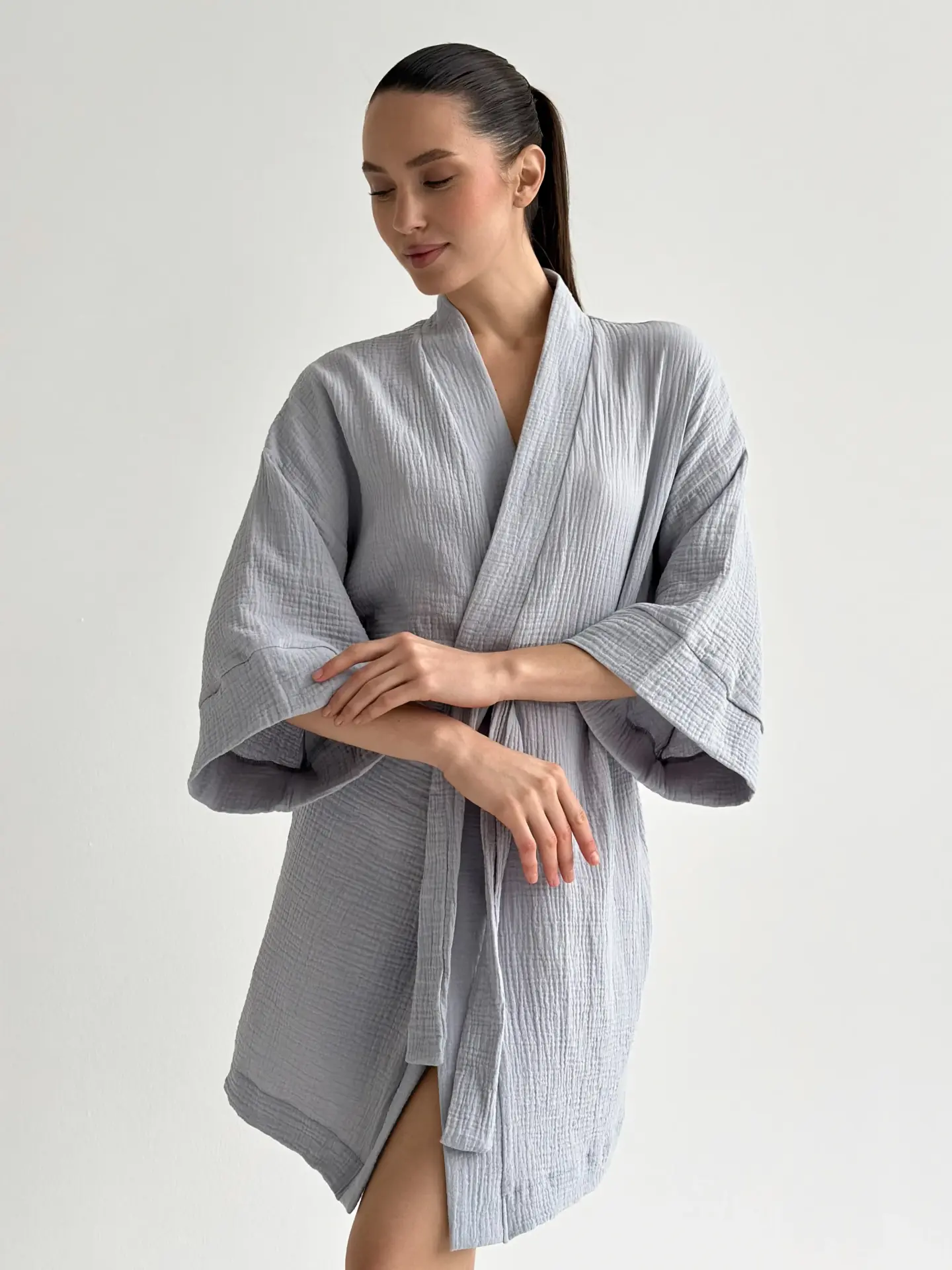 Халат Кімоно короткий муслін сірий 2-х сл.