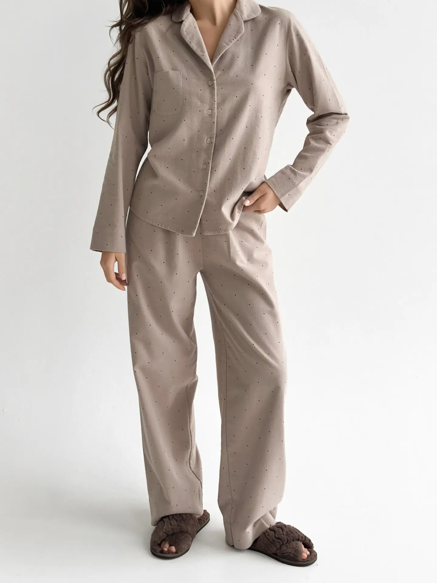 Фланель піжамний комплект бежевий в дрібний горошек