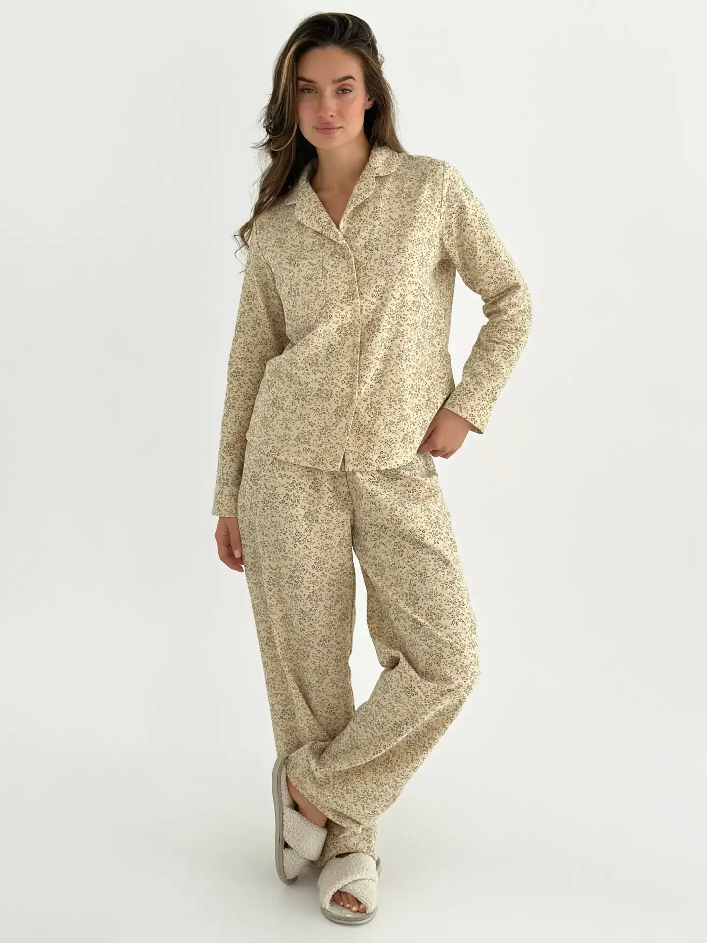 Фланель піжамний комплект “Листя” на айворі