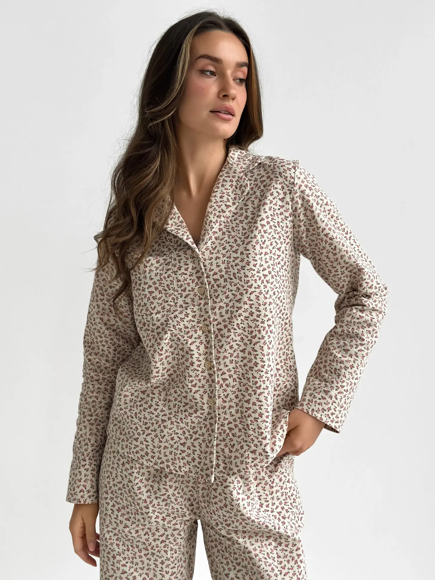 Фланель піжамний комплект “бордова квітка” на бежевому