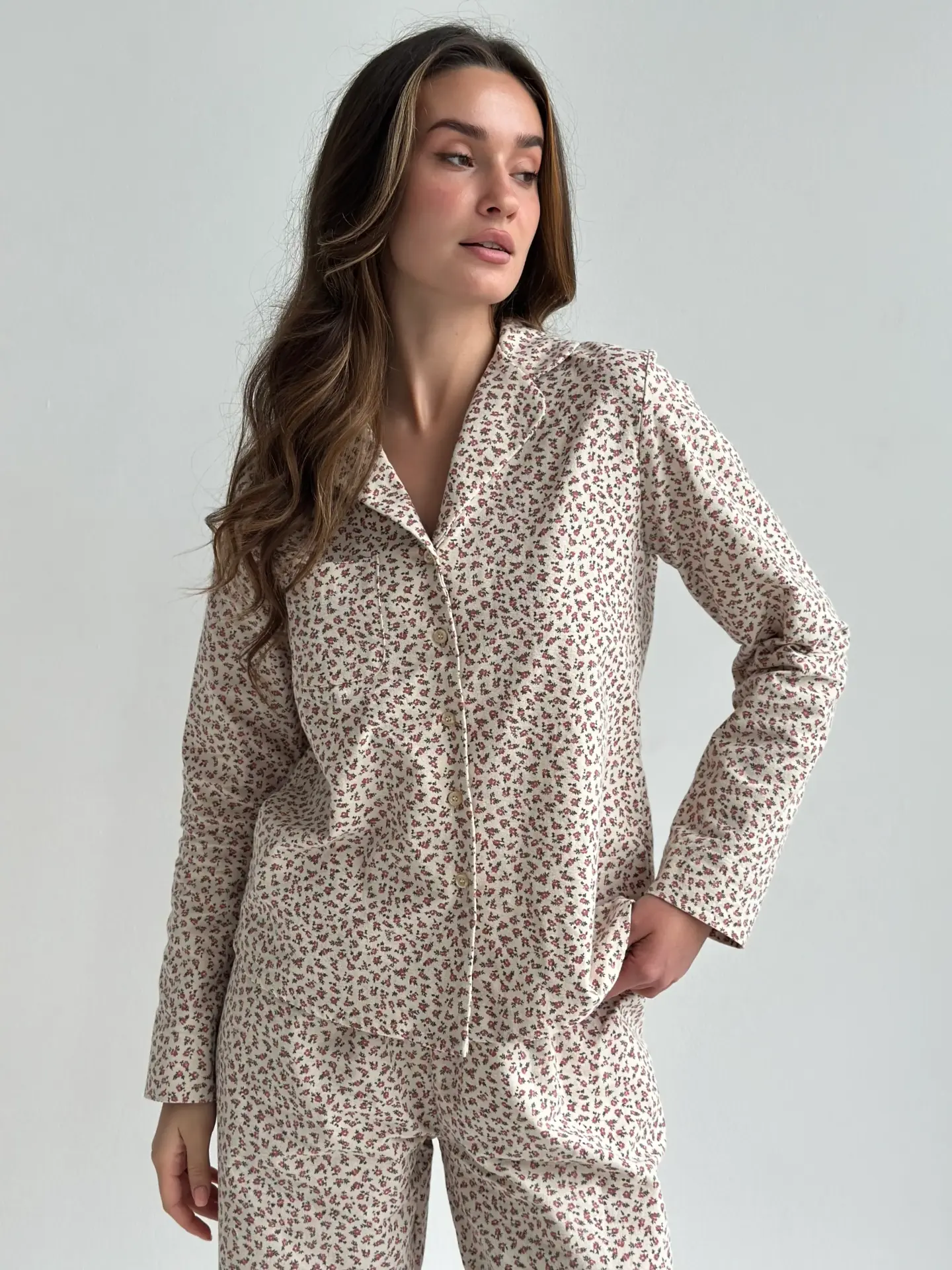 Фланель піжамний комплект “бордова квітка” на бежевому