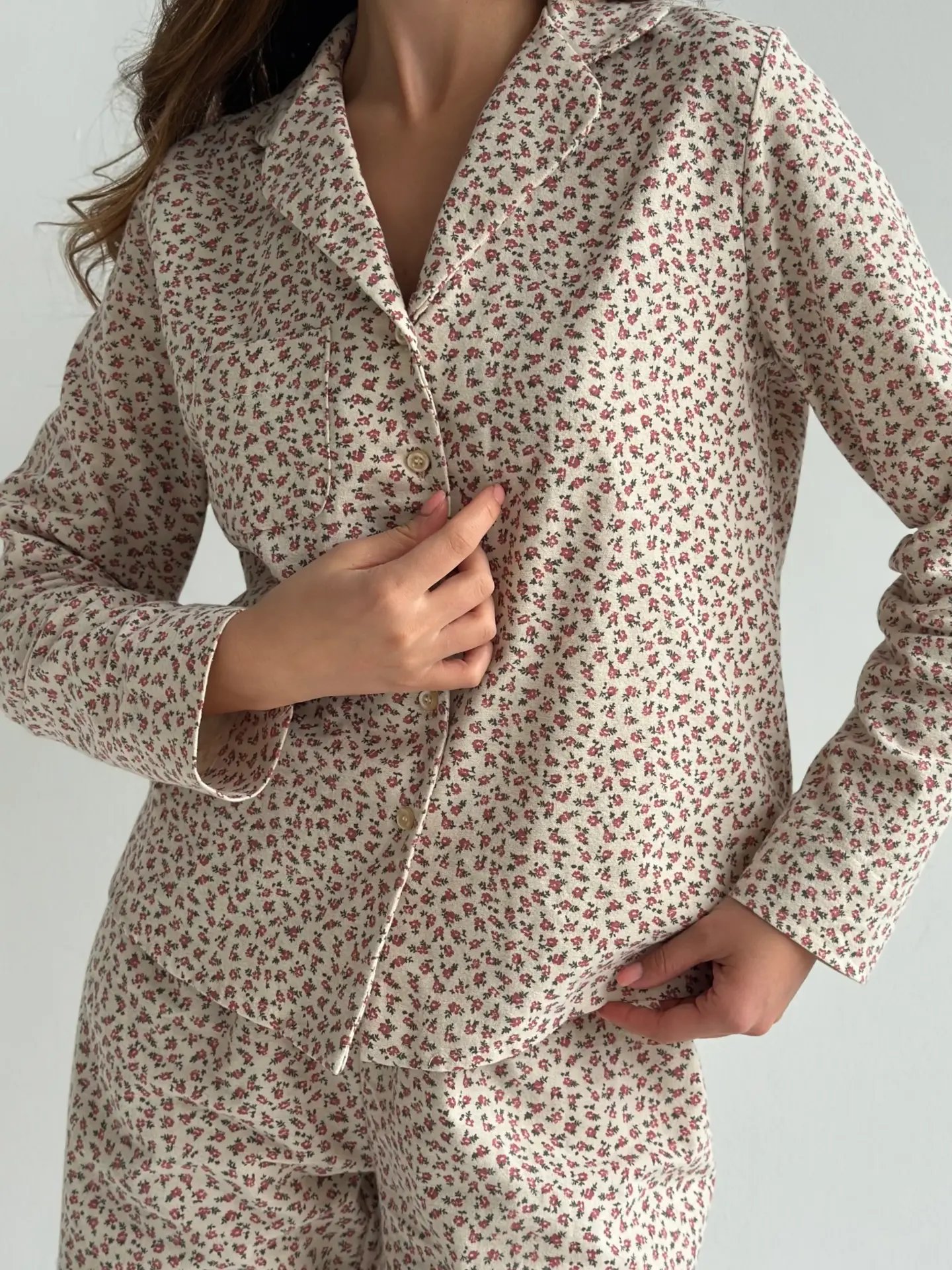 Фланель піжамний комплект "бордова квітка" на бежевому
