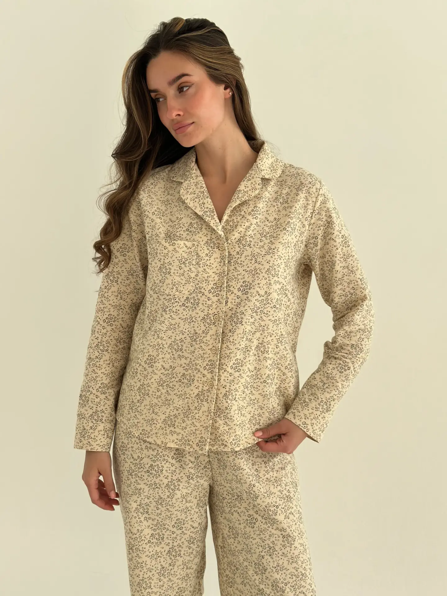 Фланель піжамний комплект "Листя" на айворі