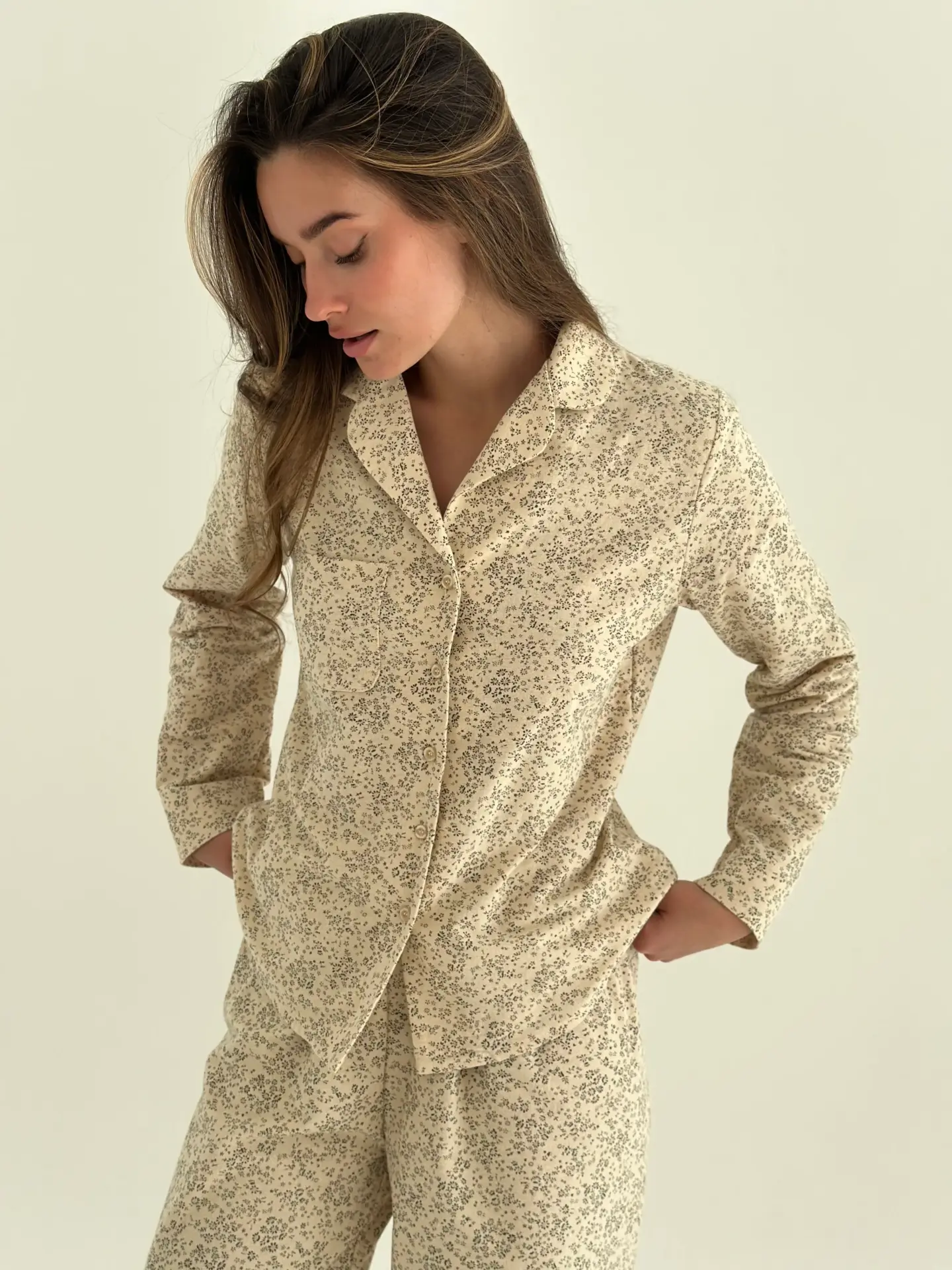 Фланель піжамний комплект "Листя" на айворі