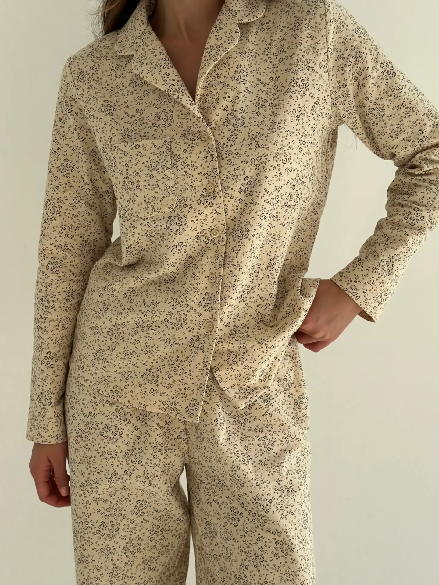 Фланель піжамний комплект "Листя" на айворі