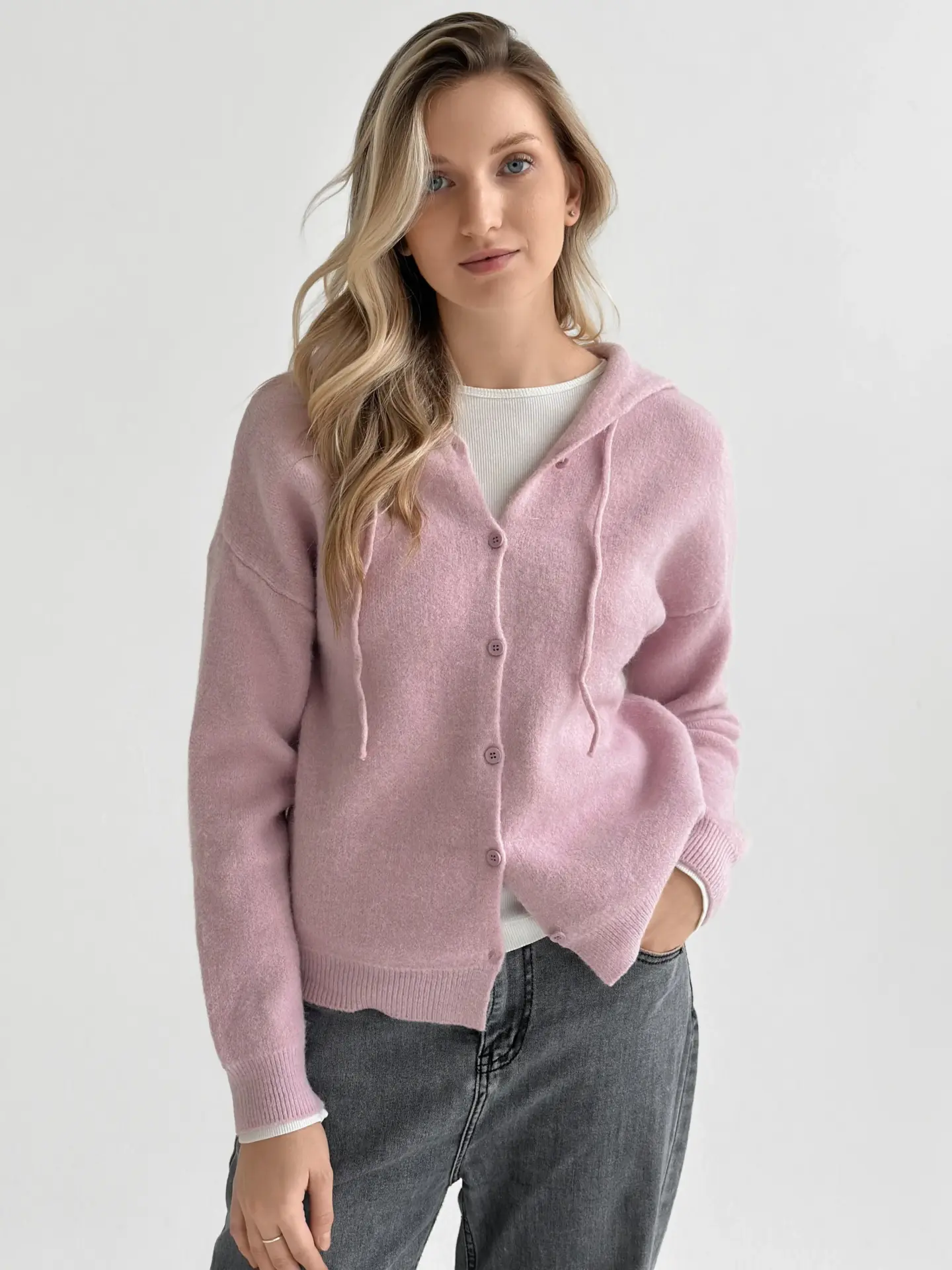 Кардиган вовняний з капюшоном на ґудзиках рожевий