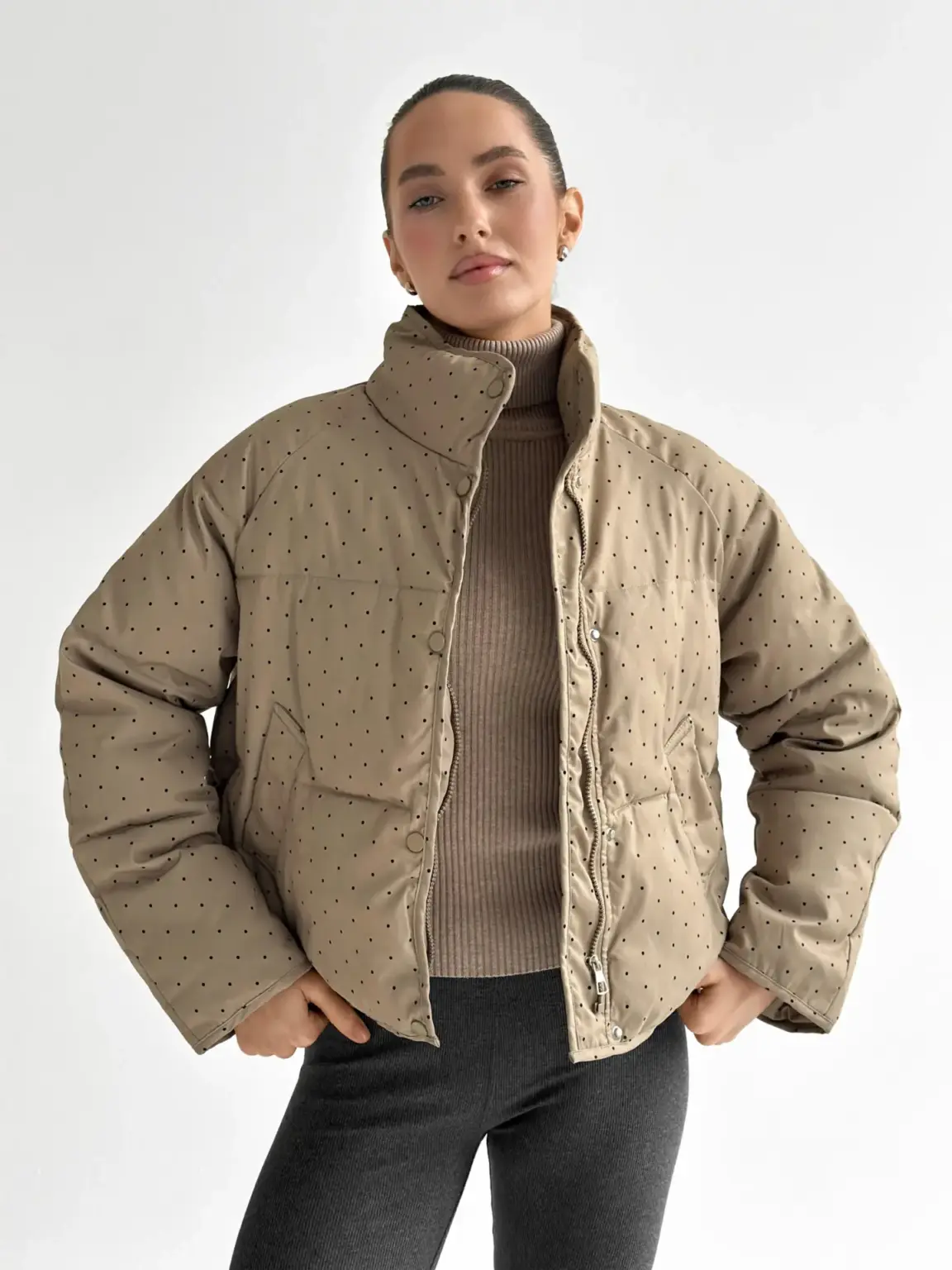 Куртка дута з коміром у горох капучино onesize