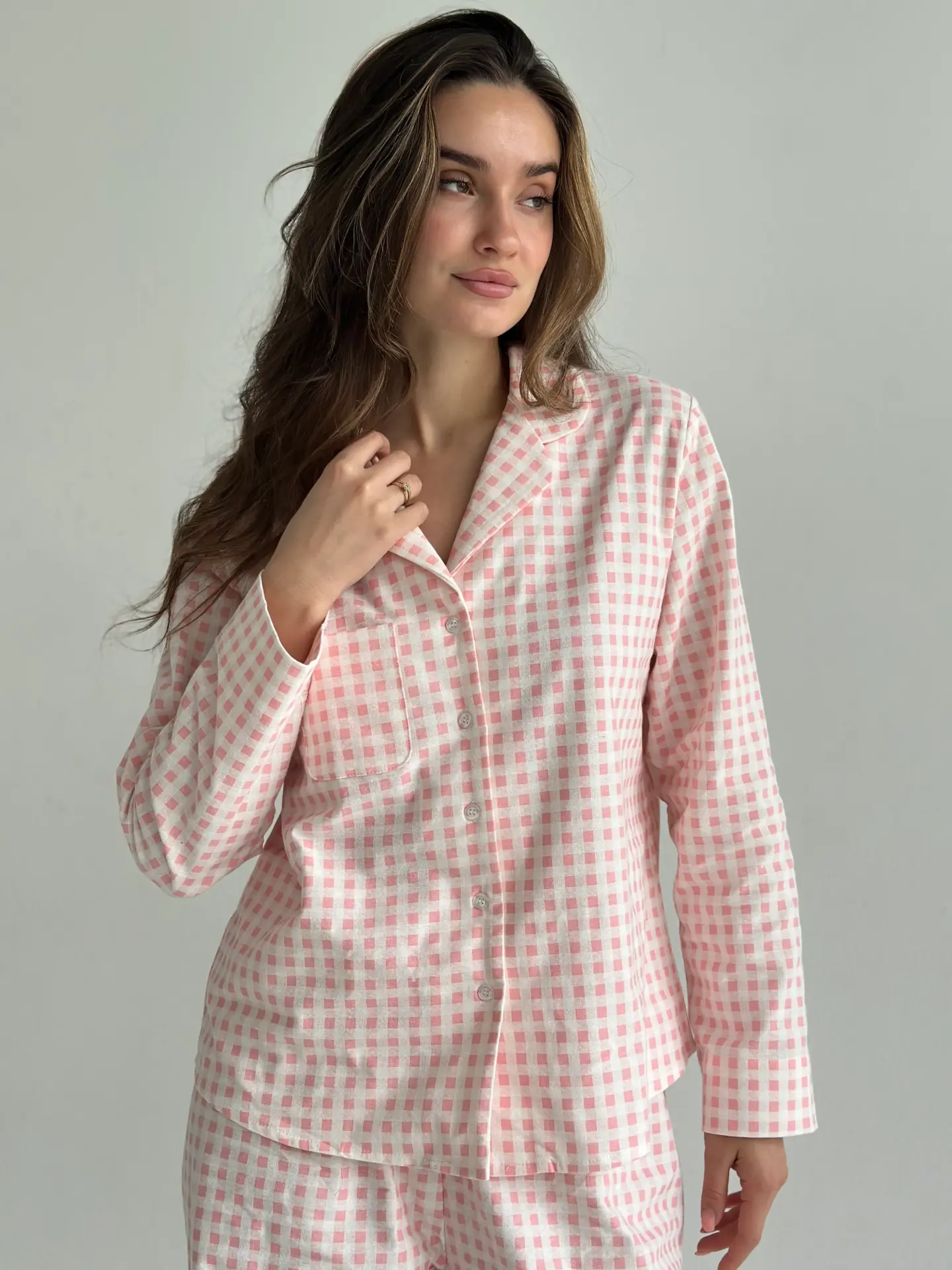 Фланель піжамний комплект “рожева клітинка” на молочному
