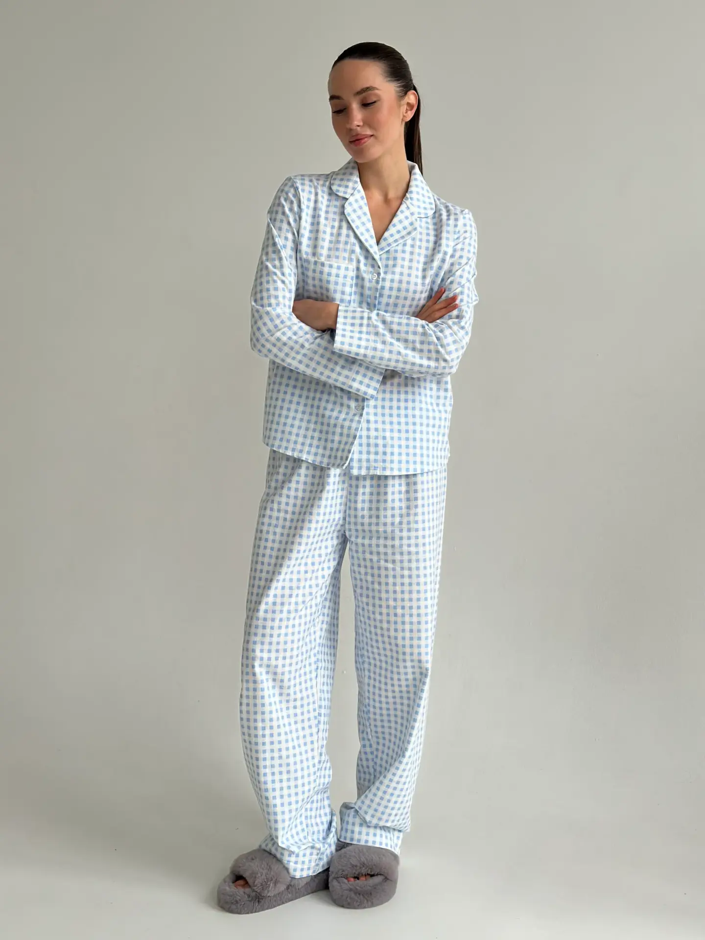 Фланель піжамний комплект “блакитна клітинка” на молочному