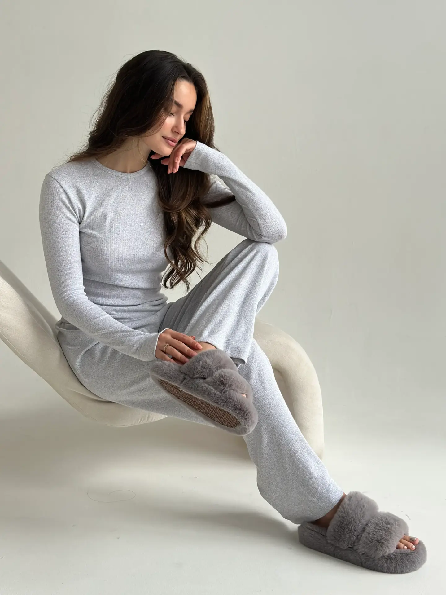 Рібана костюм трикотажний штани широкі та лонгслів сірий