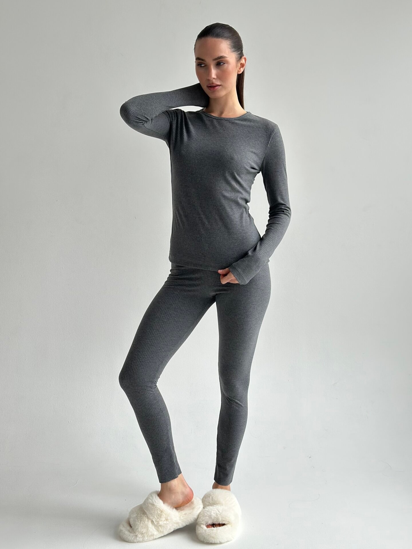 Трикотаж рубчик широкий Костюм лонгслів та лосини антроцит