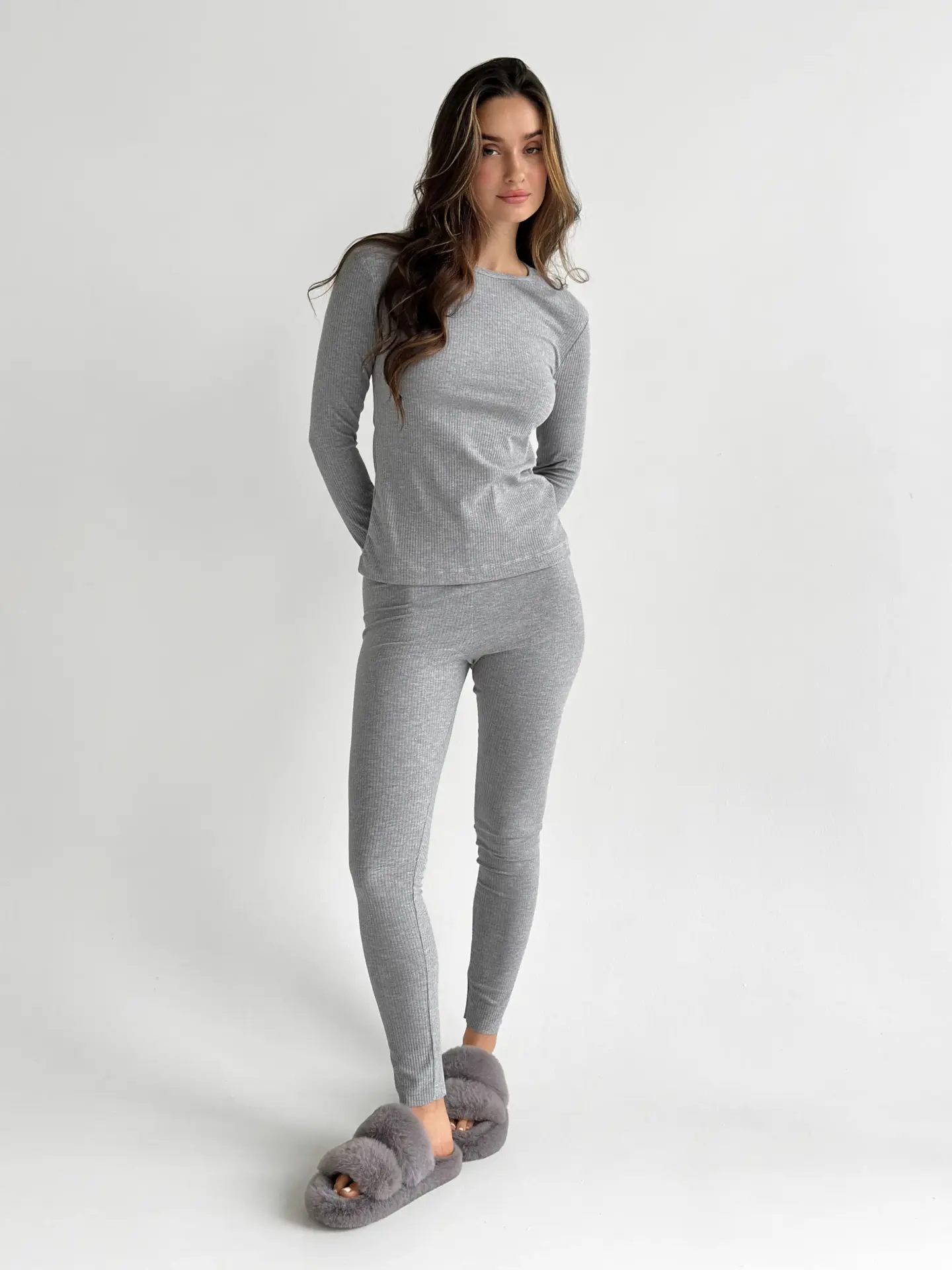 Трикотаж рубчик широкий Костюм лонгслів та лосини сірий