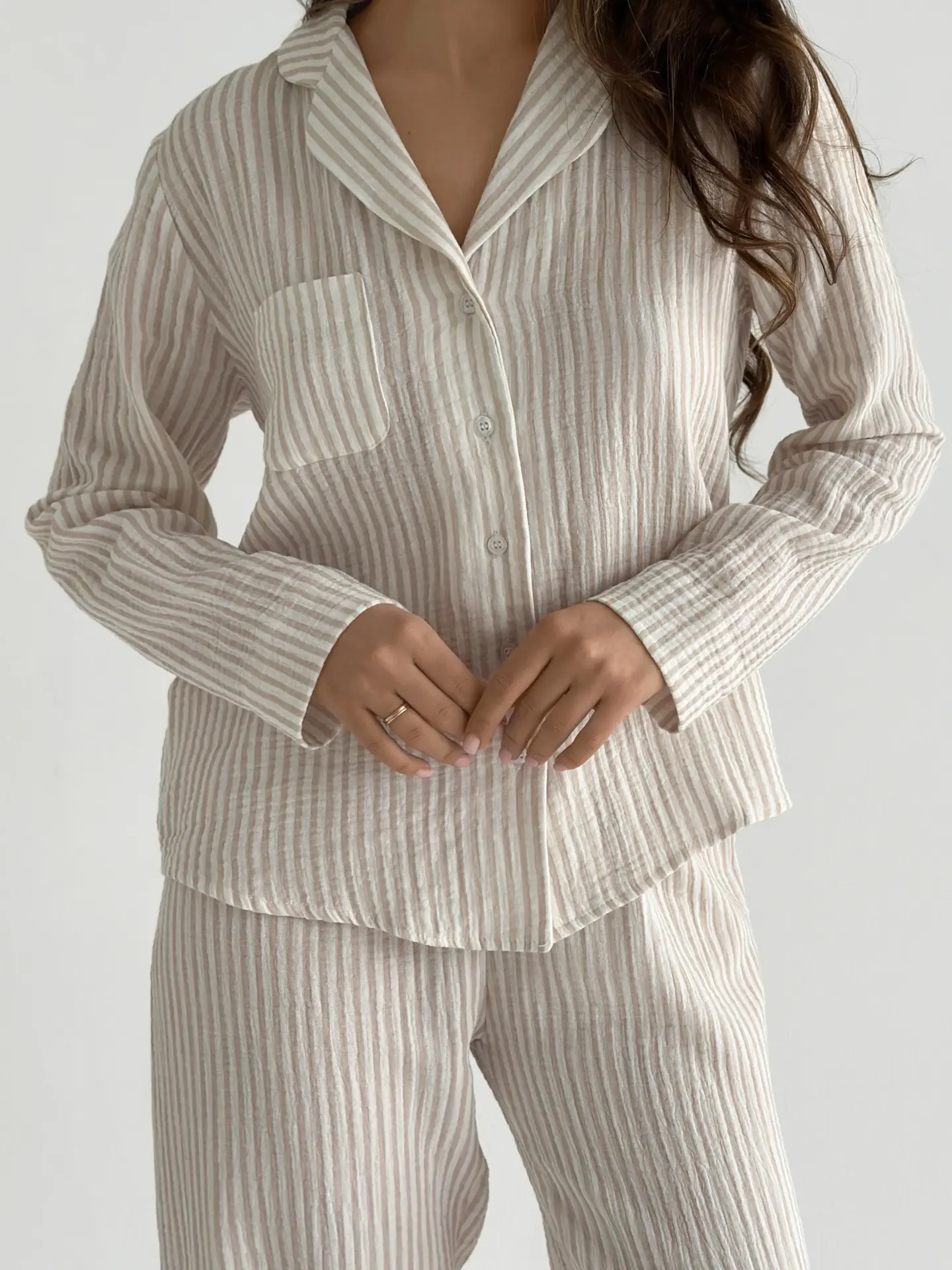 Костюм сорочка та штани муслін смужка бежева