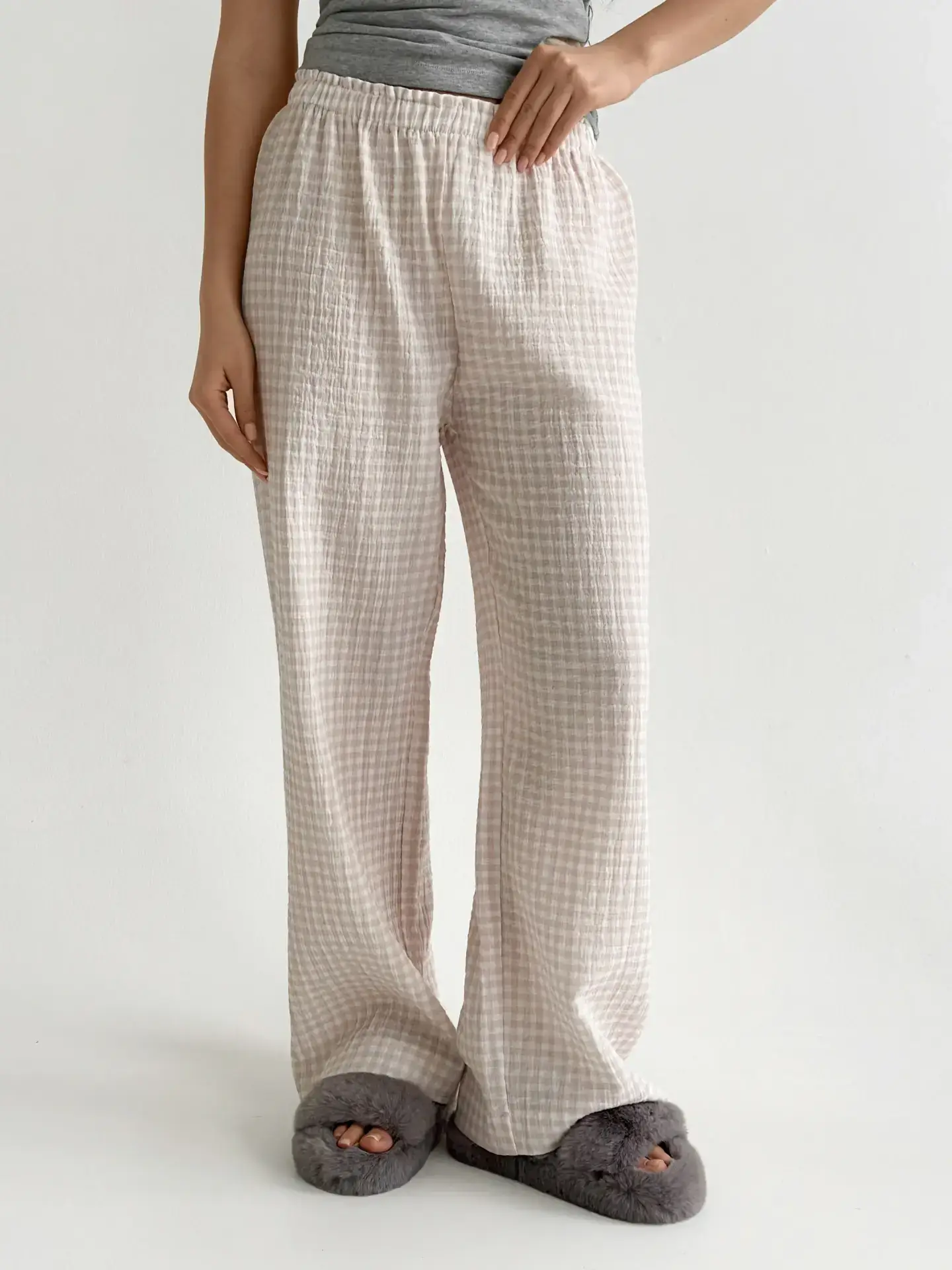 Муслін Штани Моно бежева клітинка на молочному 2-х сл.