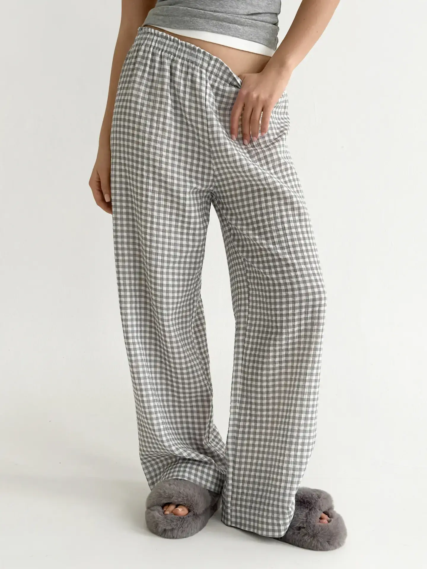 Муслін Штани Моно сіра клітинка на молочному 2-х сл.