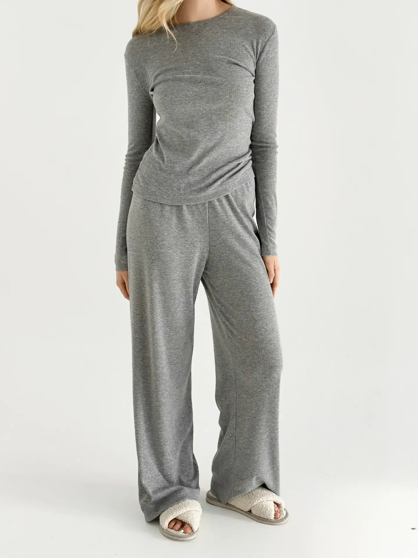 Рібана костюм трикотажний штани широкі та лонгслів антрацит