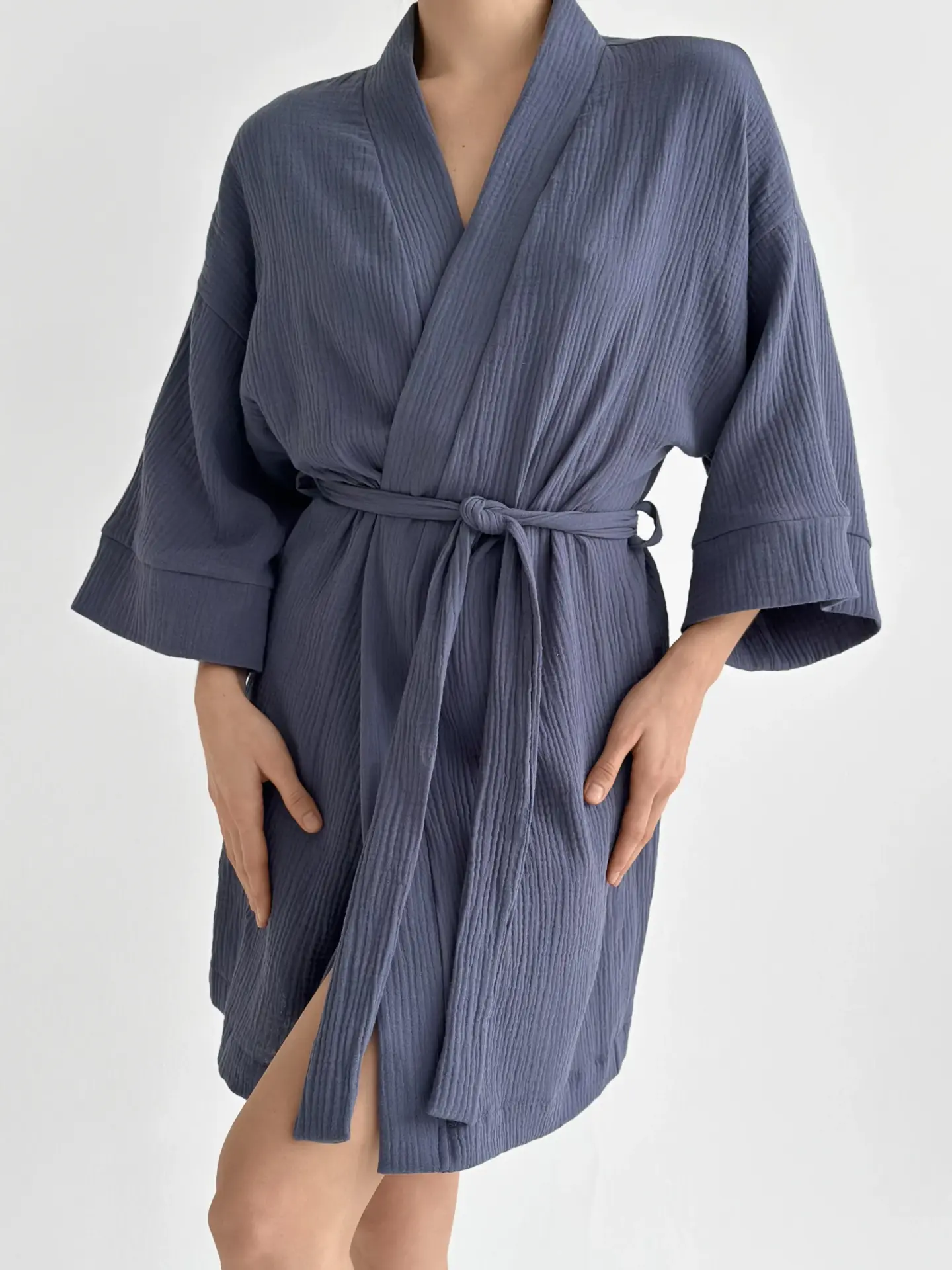 Муслін Халат Кімано короткий світло-синій 2-х сл.