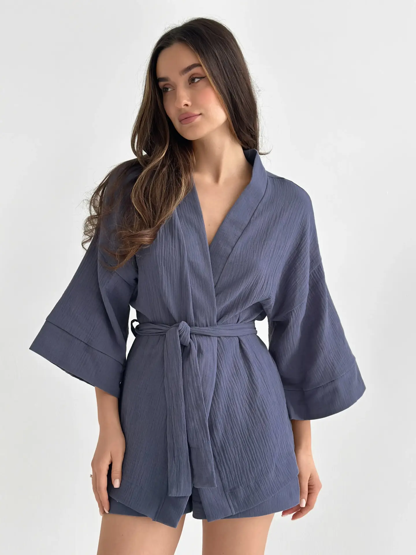 Муслін Костюм кімано та шорти світло-синій 2-х сл.