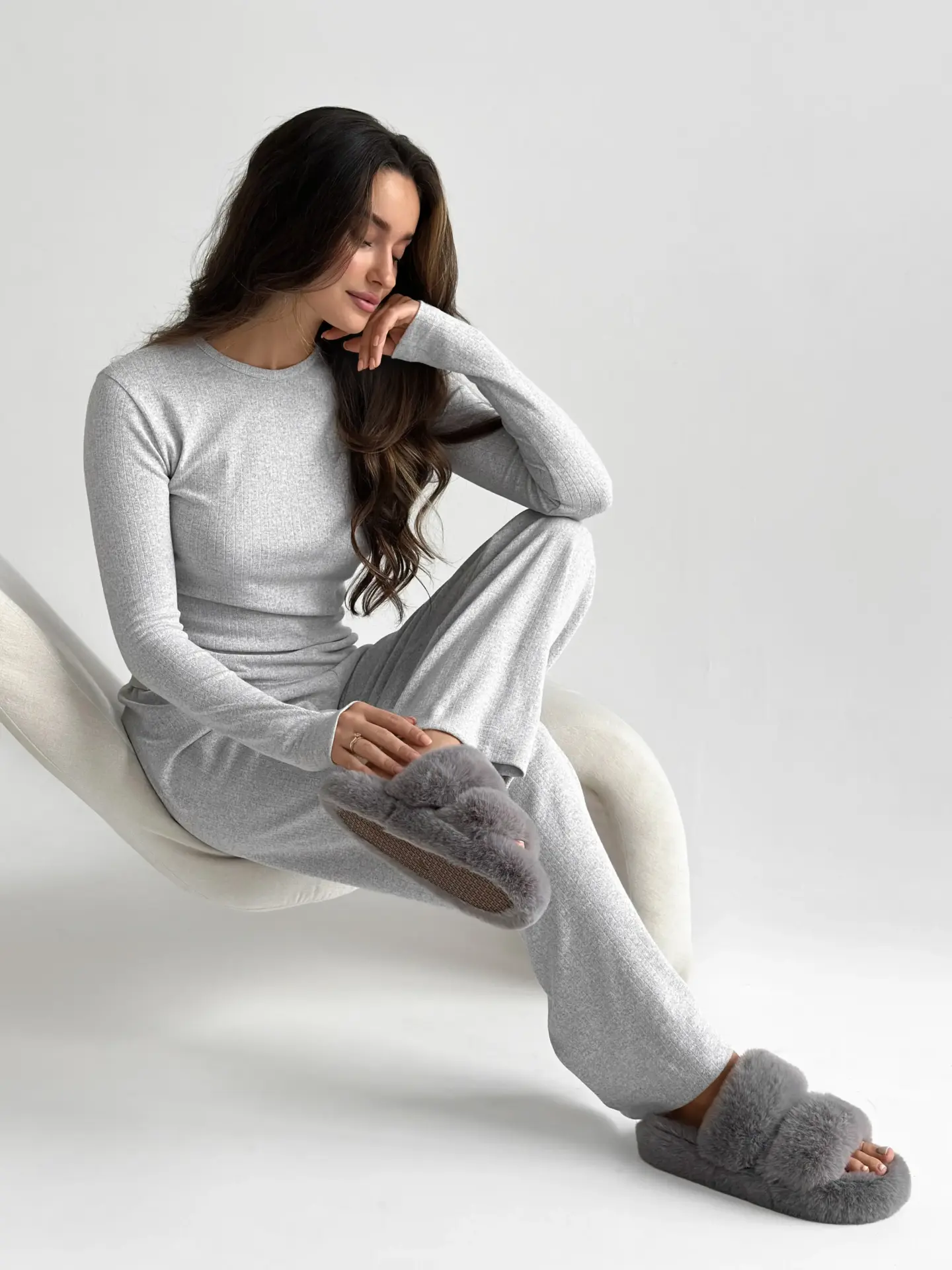 Рібана костюм трикотажний штани широкі та лонгслів сірий