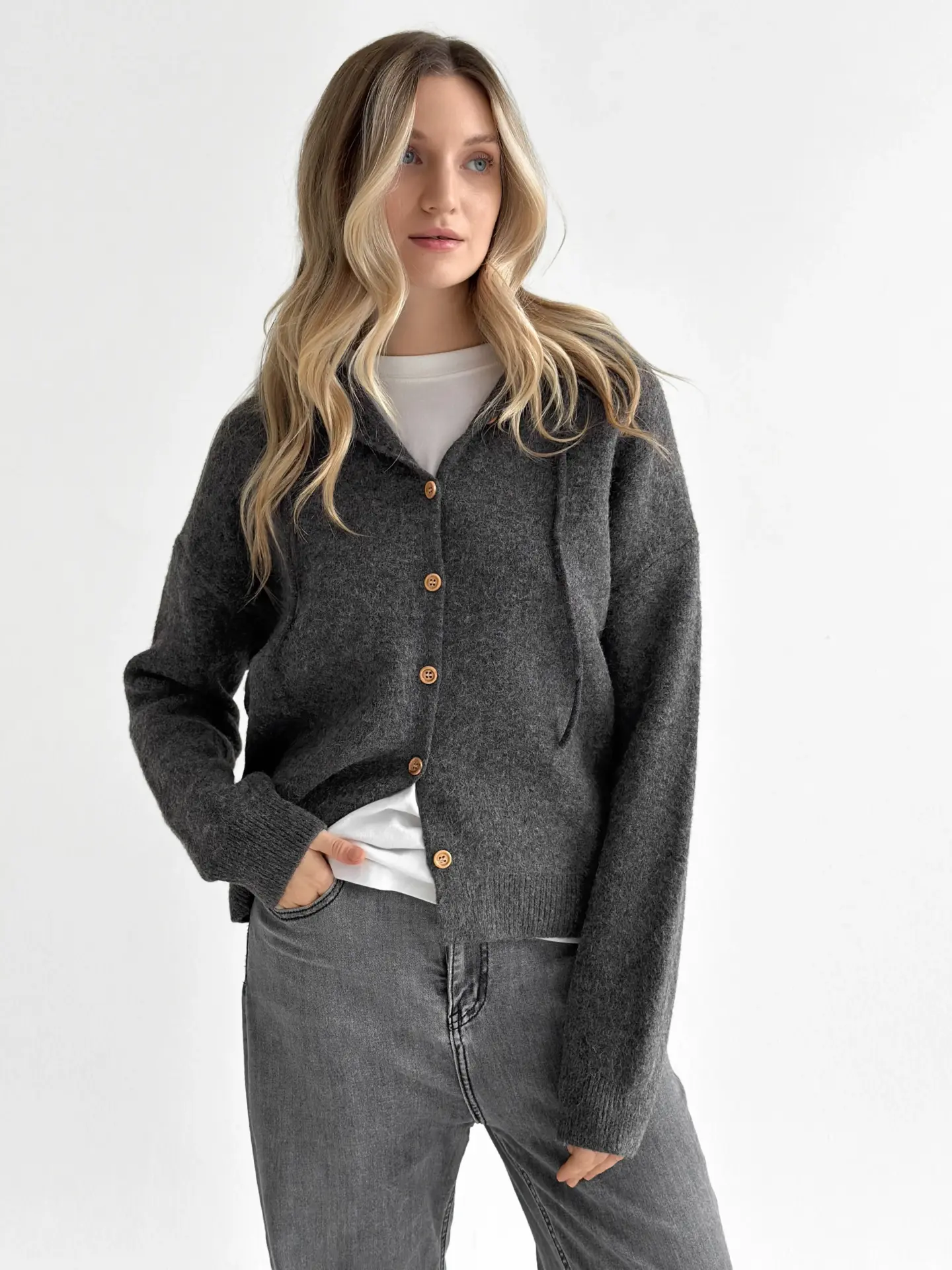 Кардиган вовняний з капюшоном на ґудзиках графіт