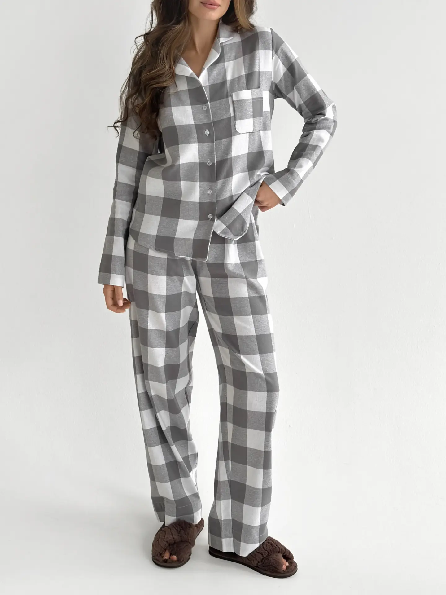 Фланель піжамний комплект “велика сіра клітинка” на молочному