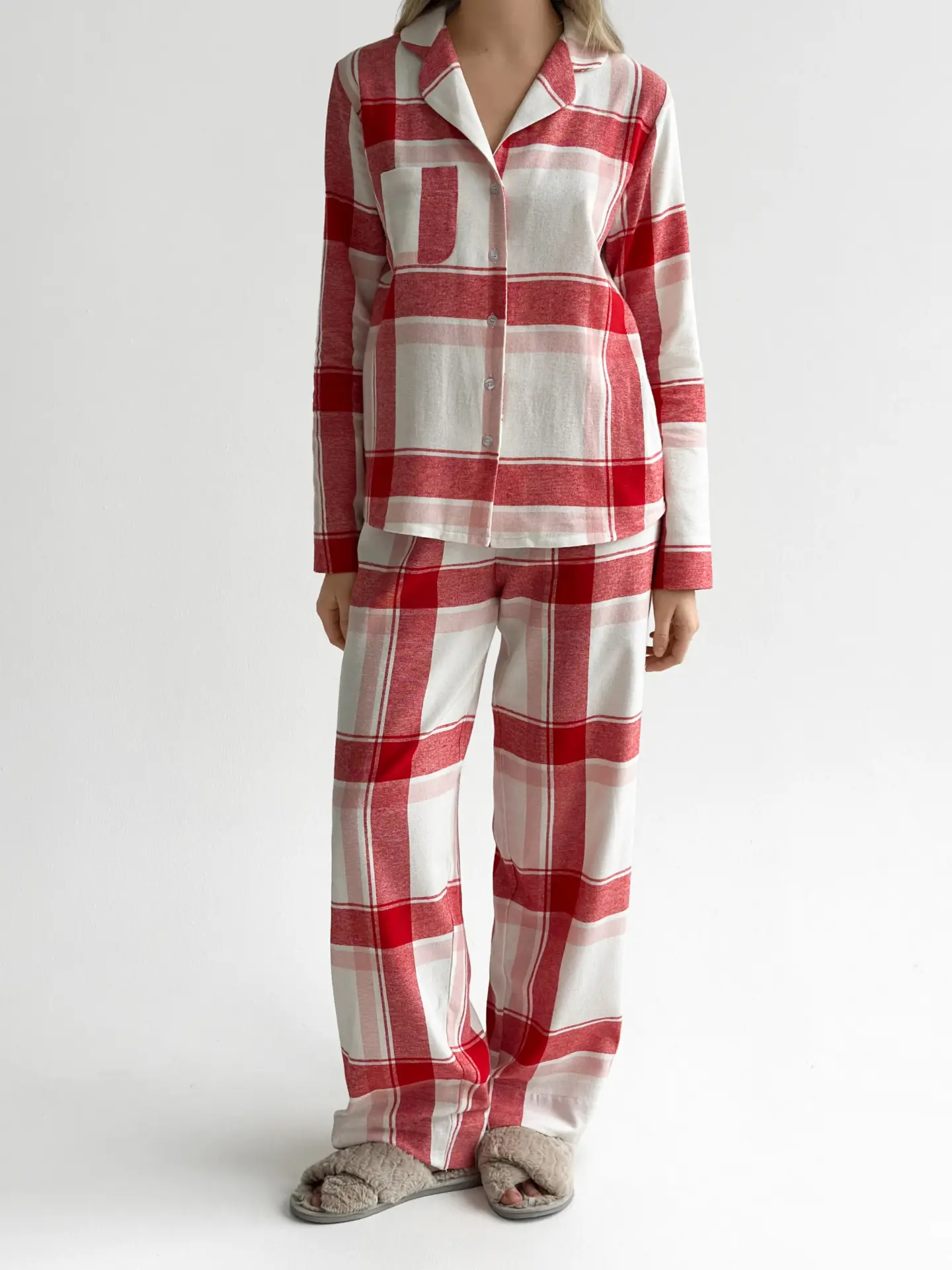 Фланель піжамний комплект “червона клітинка” на молочному