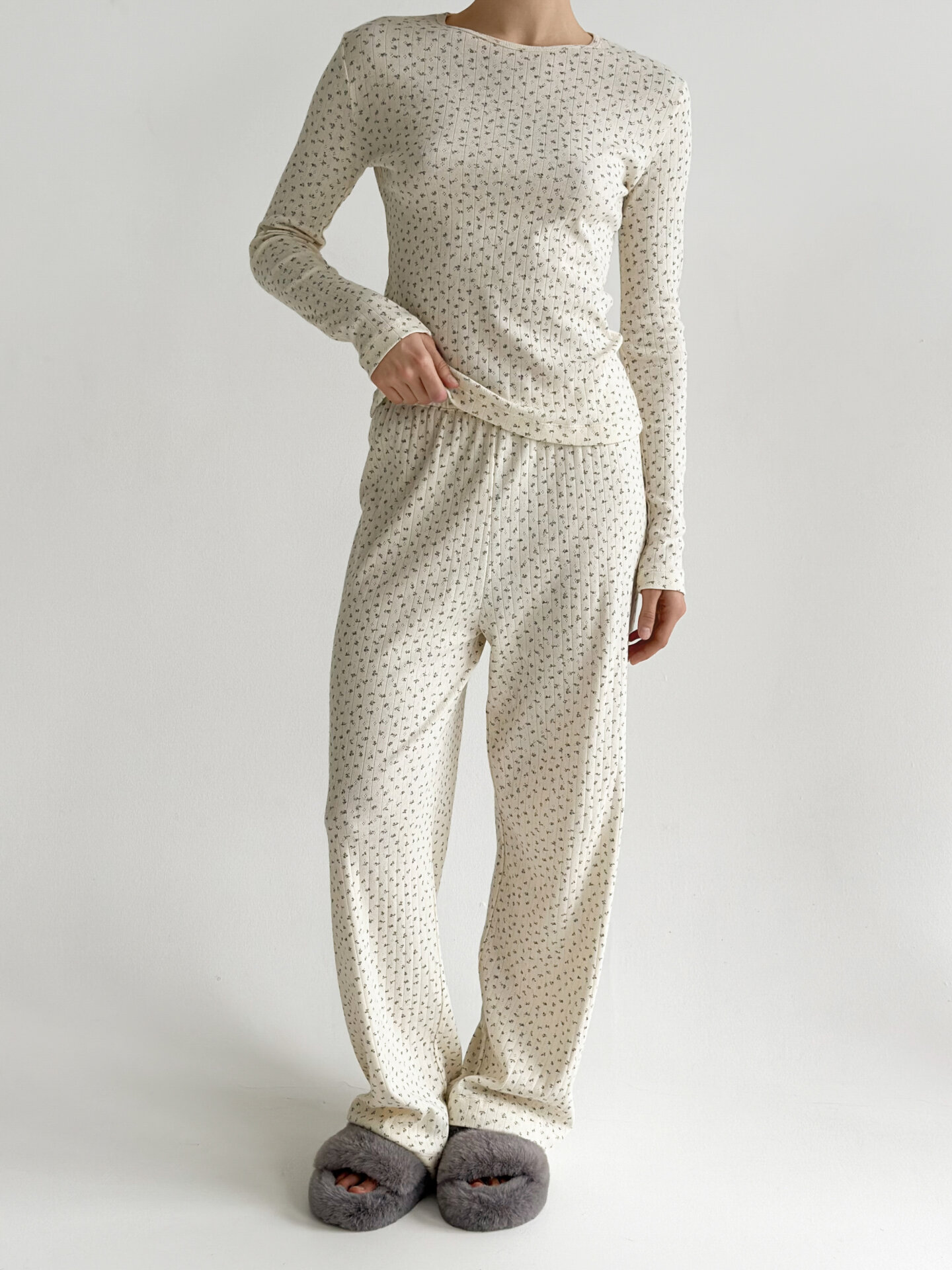 Рібана костюм трикотаж штани широкі та лонгслів блакитна квітка