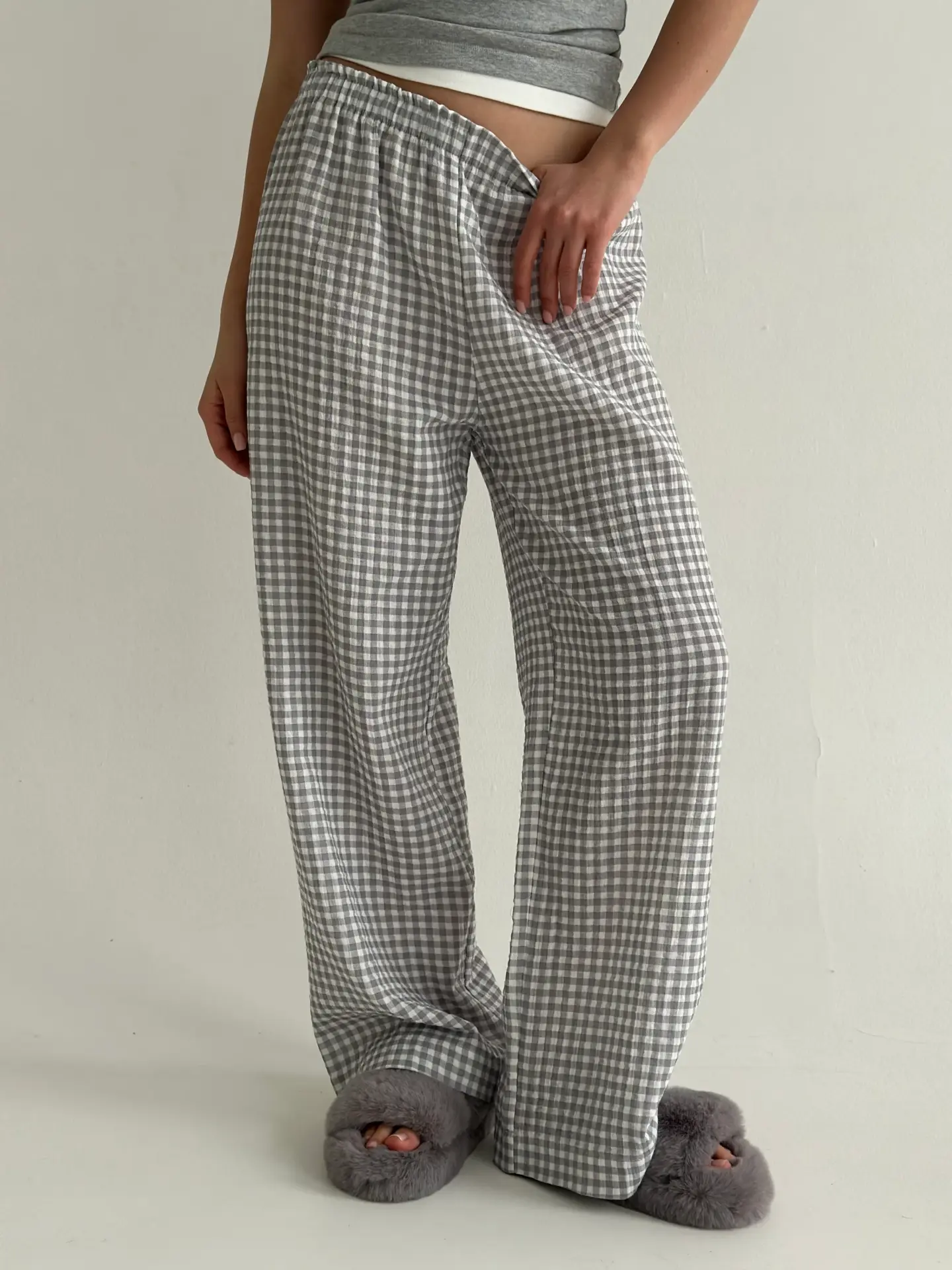 Муслін Штани Моно сіра клітинка на молочному 2-х сл.