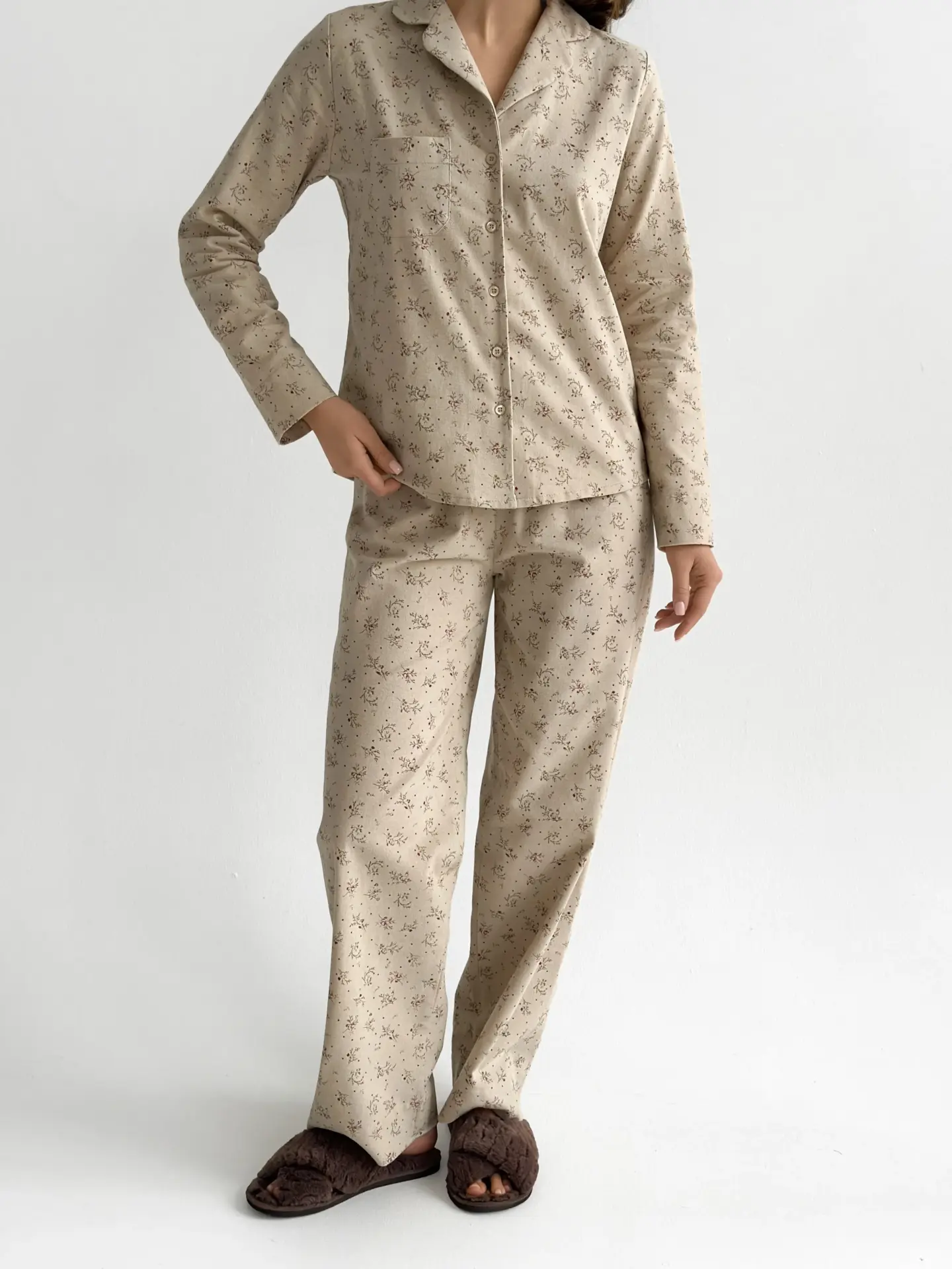 Фланель піжамний комплект “трояндочка-горох” на айворі