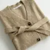 Комплект в'язаний кардиган з поясом та штани бежевий, onesize