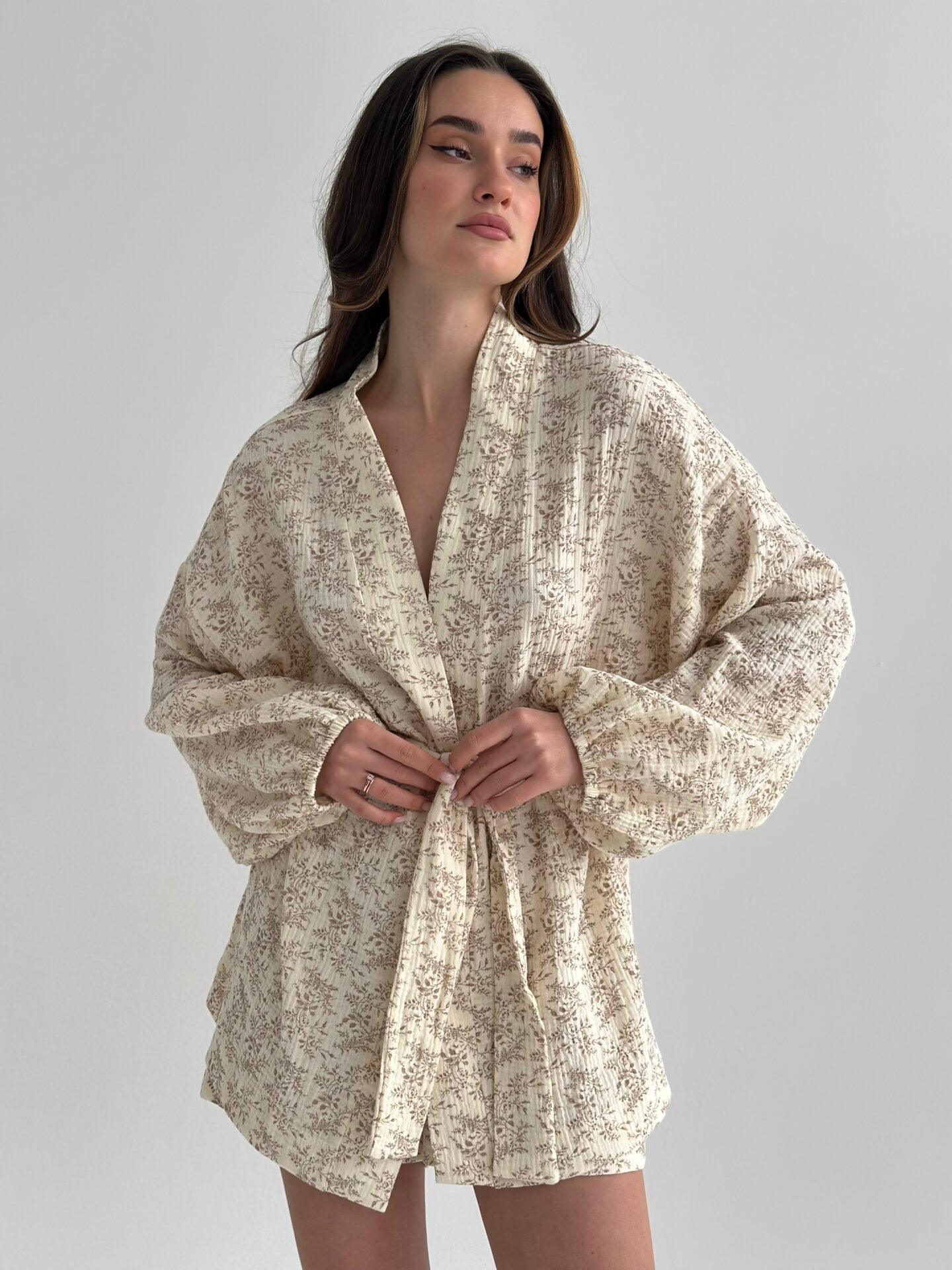 Муслін Костюм сорочка та шорти “коричневі польові квіти” на айворі 2-х сл