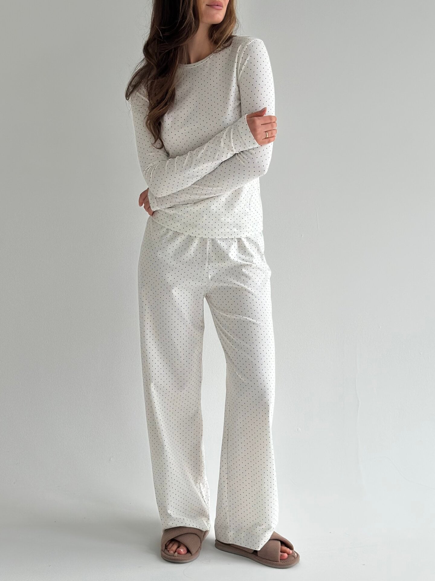 Трикотаж комплект штани та лонгслів горох синій на білому