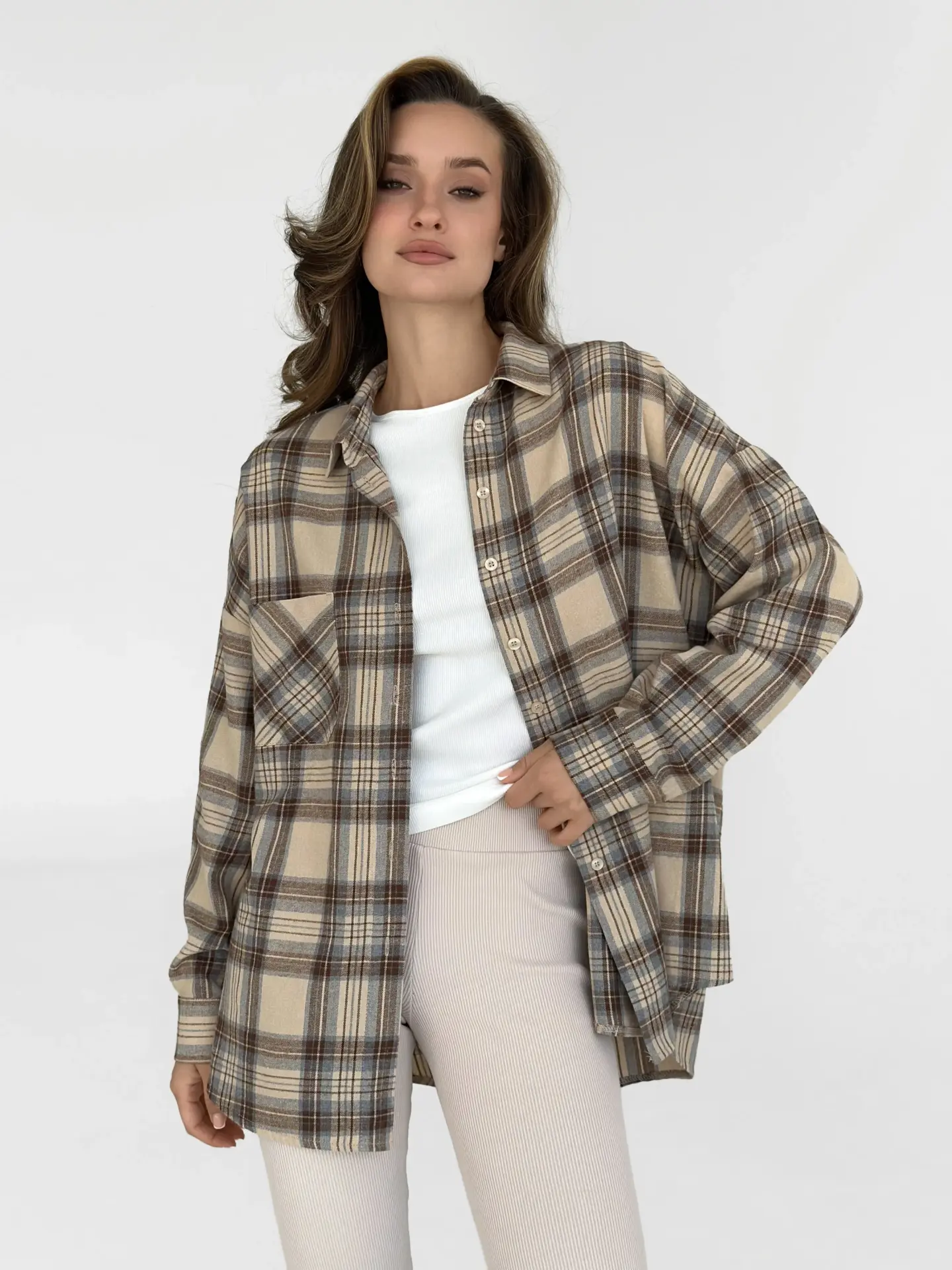 Фланель Сорочка бежева коричнево-блакитна клітинка”