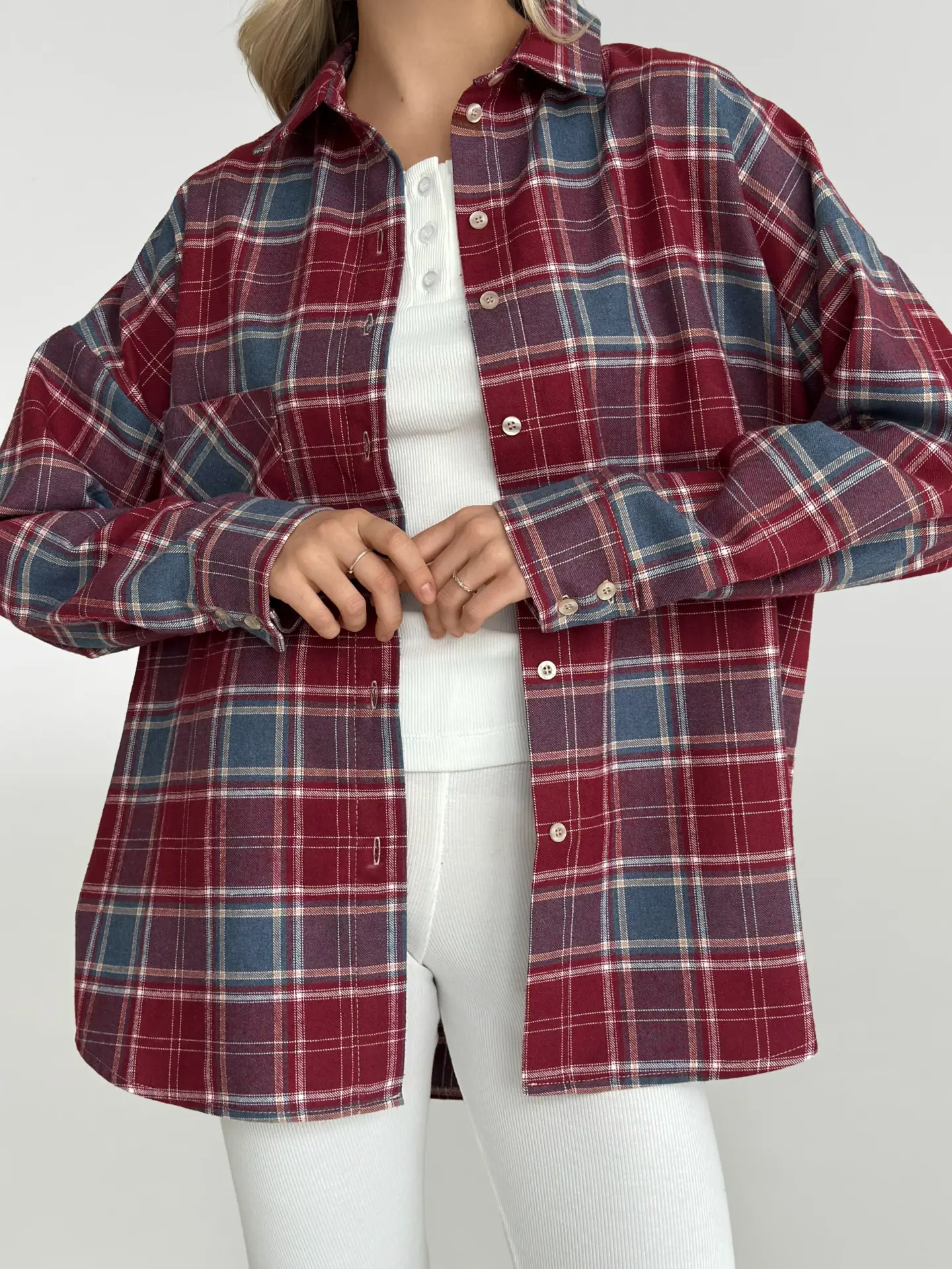 Фланель Сорочка бордово-синя “велика біла клітинка”