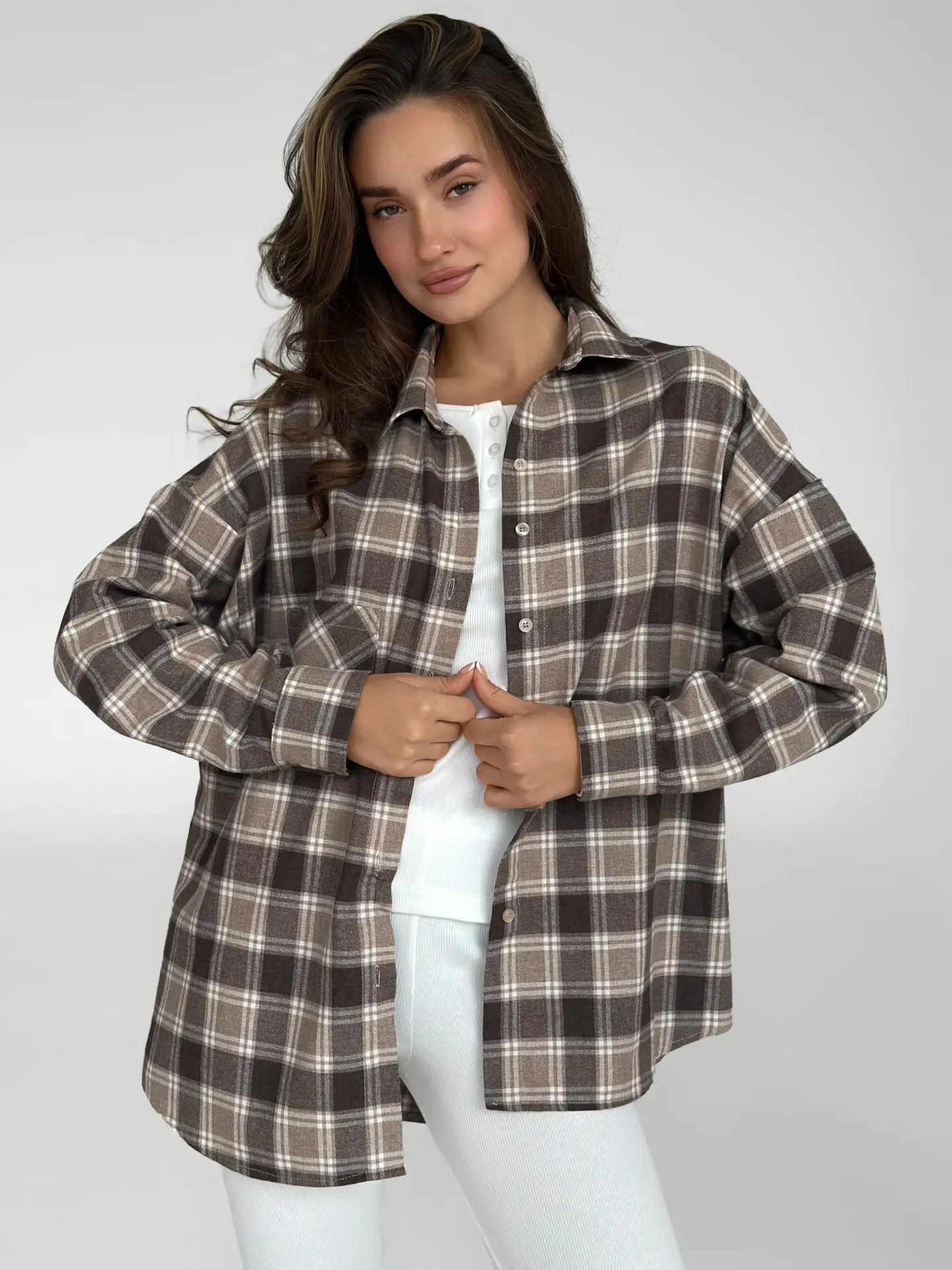 Фланель Сорочка бежево-коричнева “велика біла клітинка”