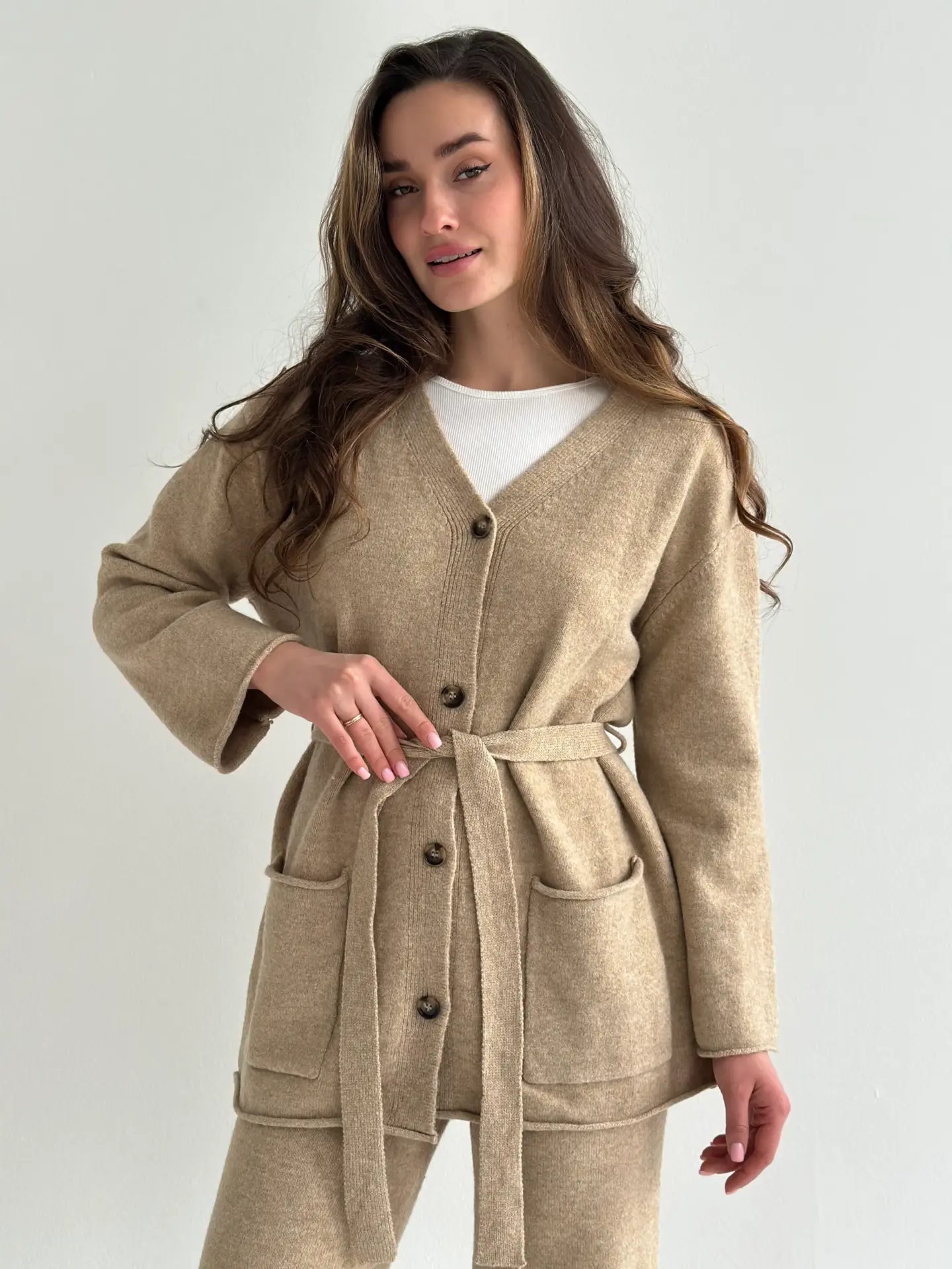 Комплект в’язаний кардиган з поясом та штани бежевий, onesize