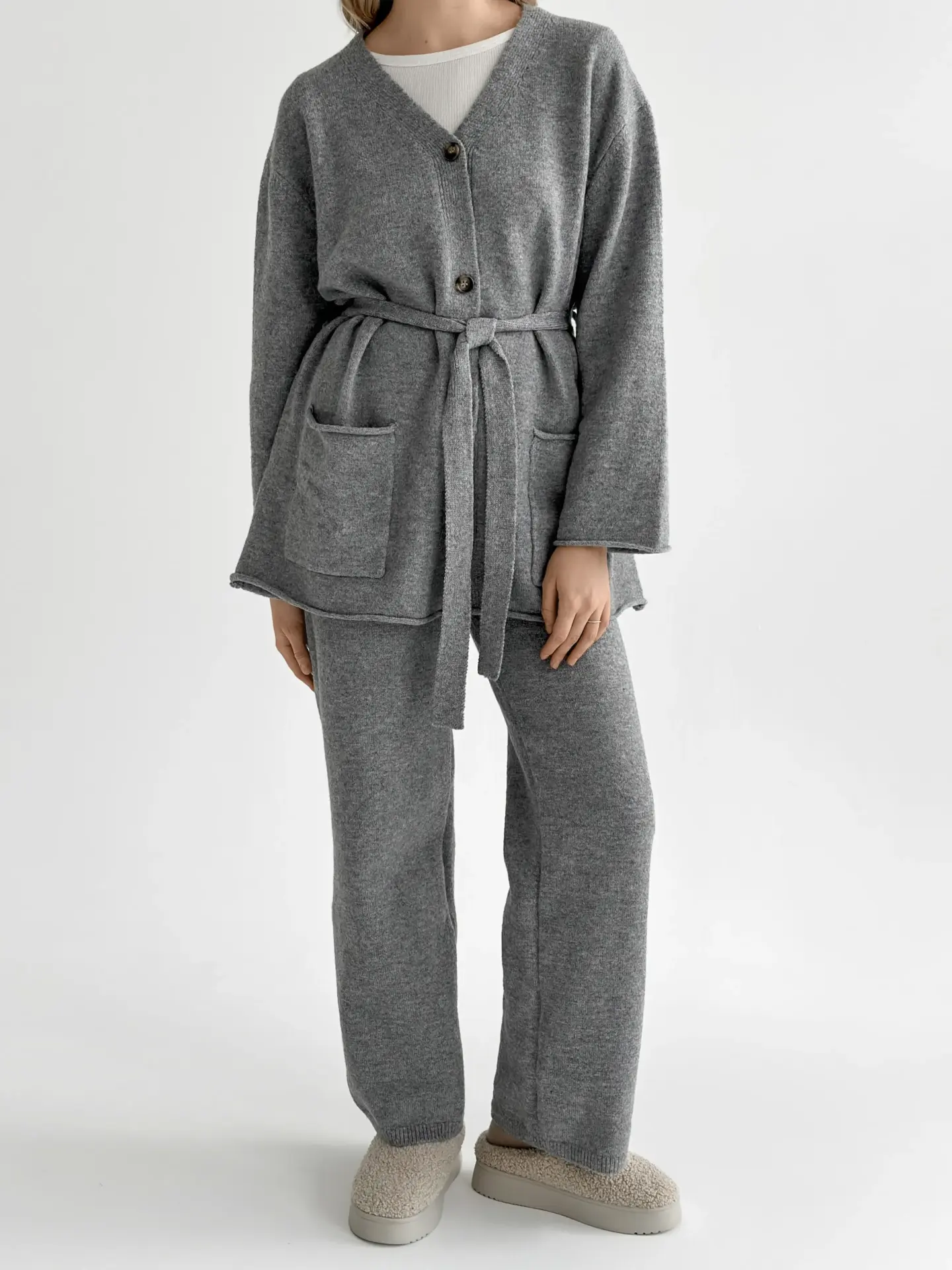 Комплект в’язаний кардиган з поясом та штани сірий, onesize