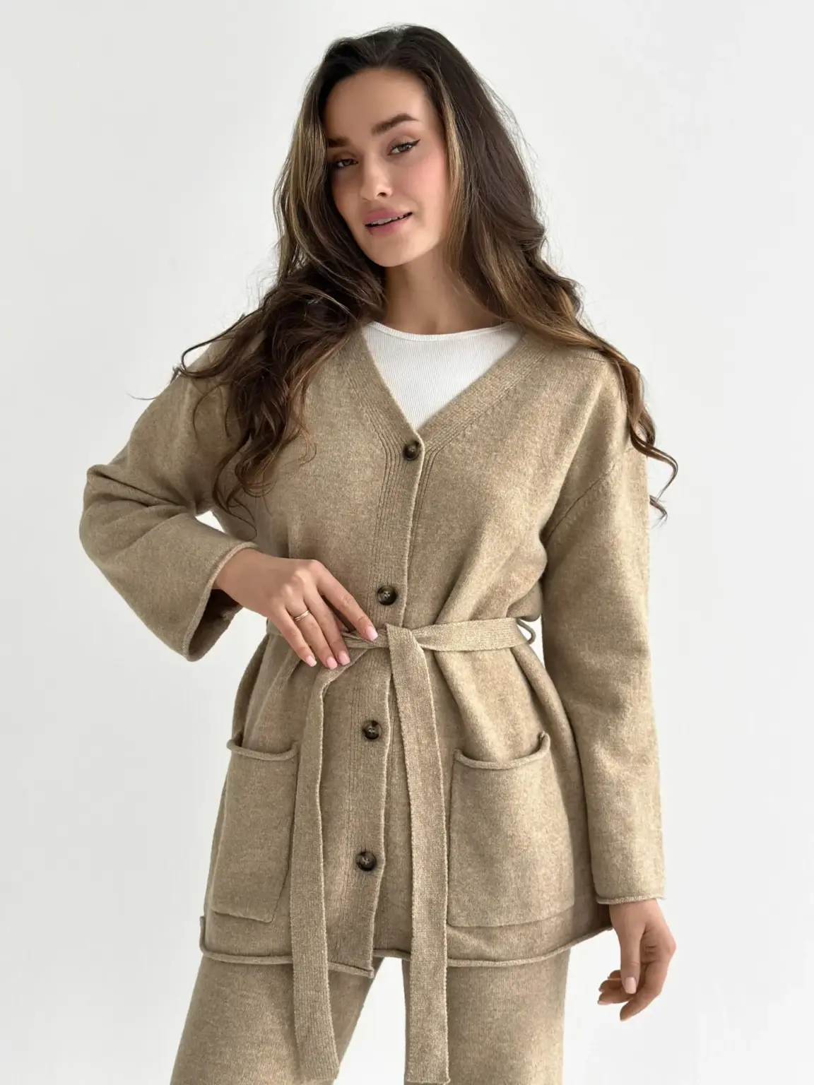 Комплект в'язаний кардиган з поясом та штани бежевий, onesize
