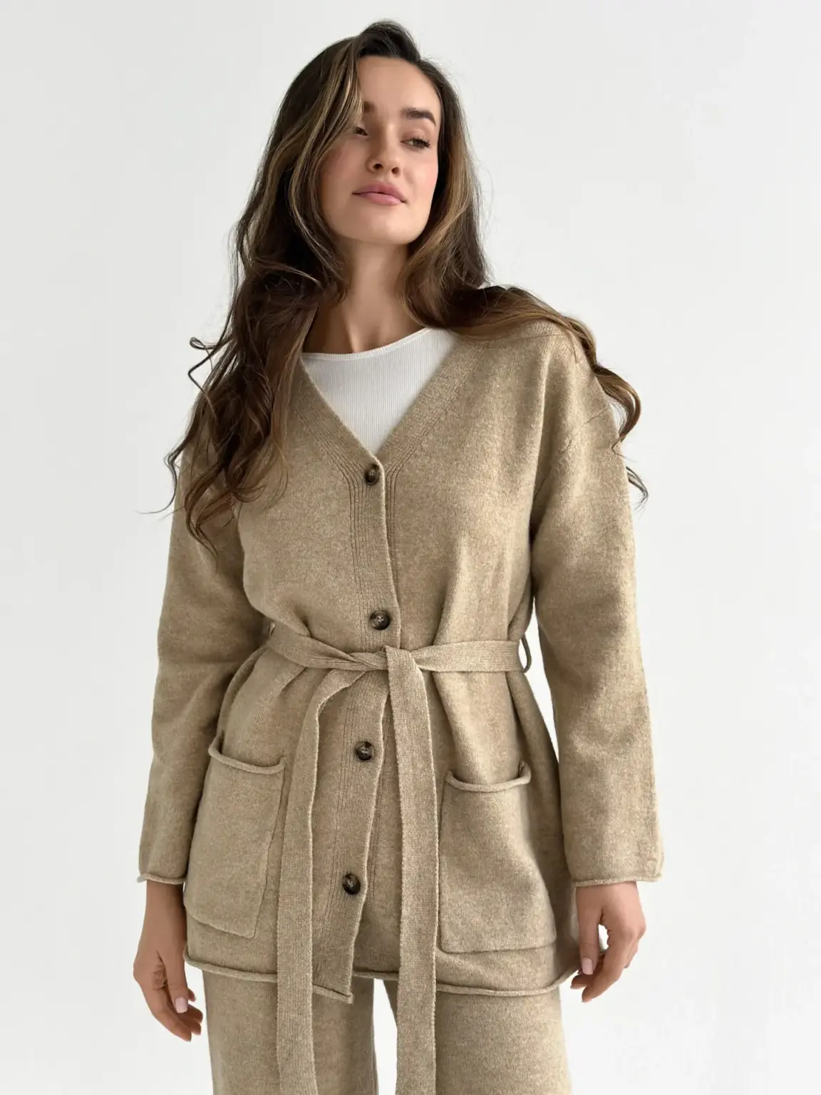 Комплект в'язаний кардиган з поясом та штани бежевий, onesize