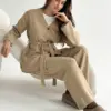 Комплект в'язаний кардиган з поясом та штани бежевий, onesize