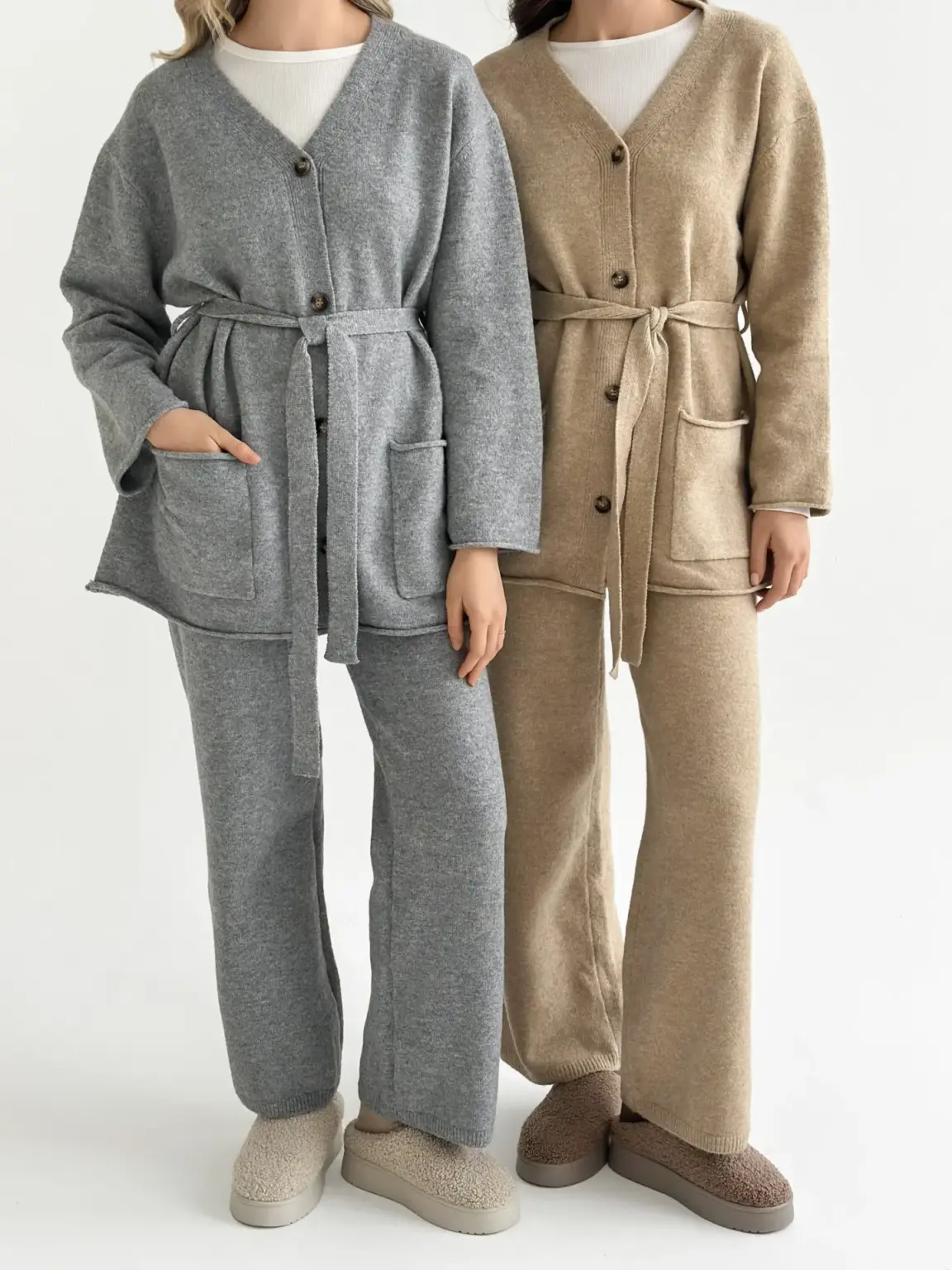 Комплект в'язаний кардиган з поясом та штани бежевий, onesize