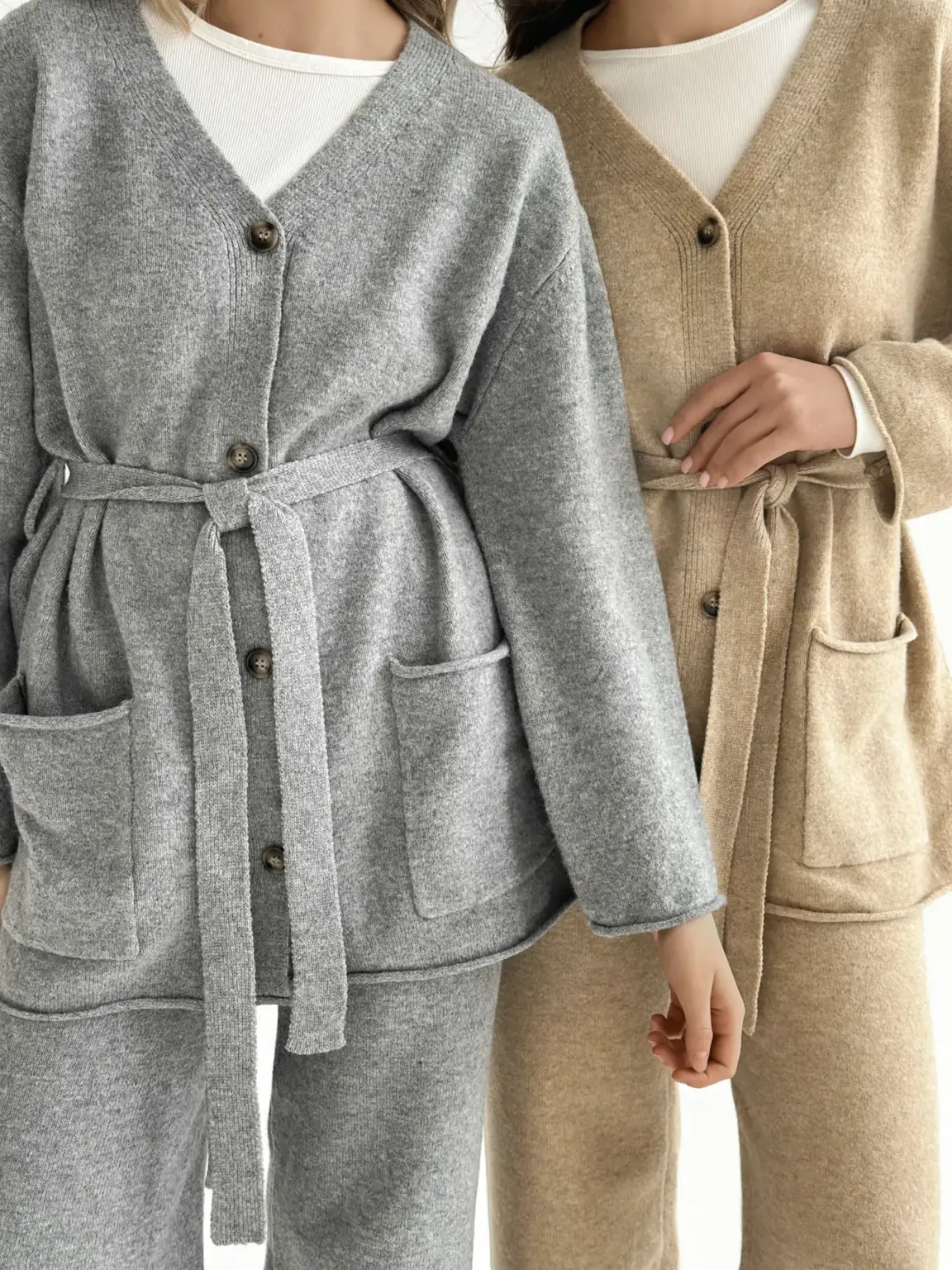 Комплект в'язаний кардиган з поясом та штани сірий, onesize