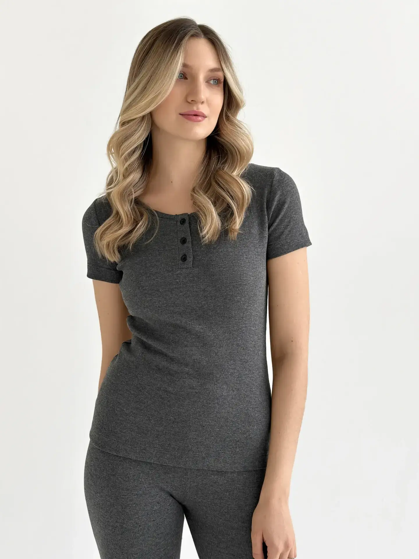 Трикотаж рубчик Футболка з гудзиками антрацит
