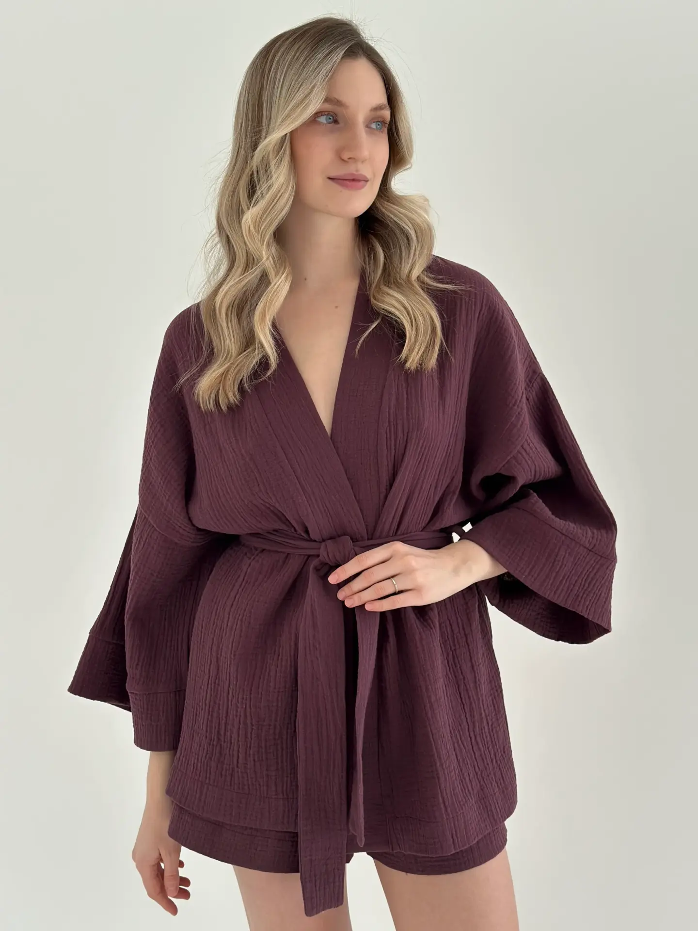 Мусліновий набір 2-шаровий кімоно та шорти шоколад