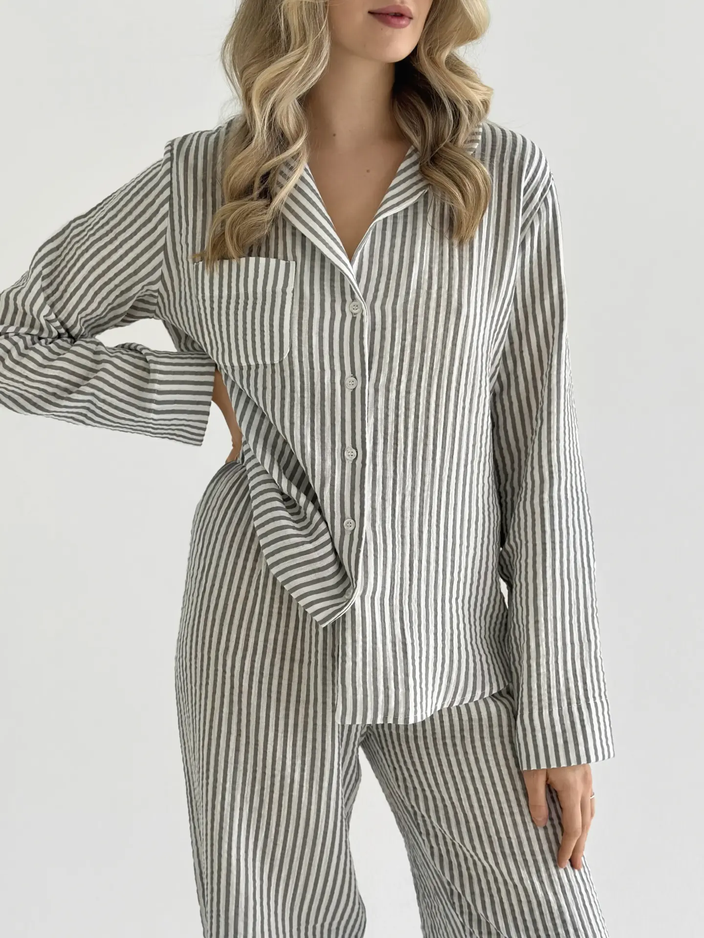 Костюм сорочка та штани муслін смужка темно-сіра