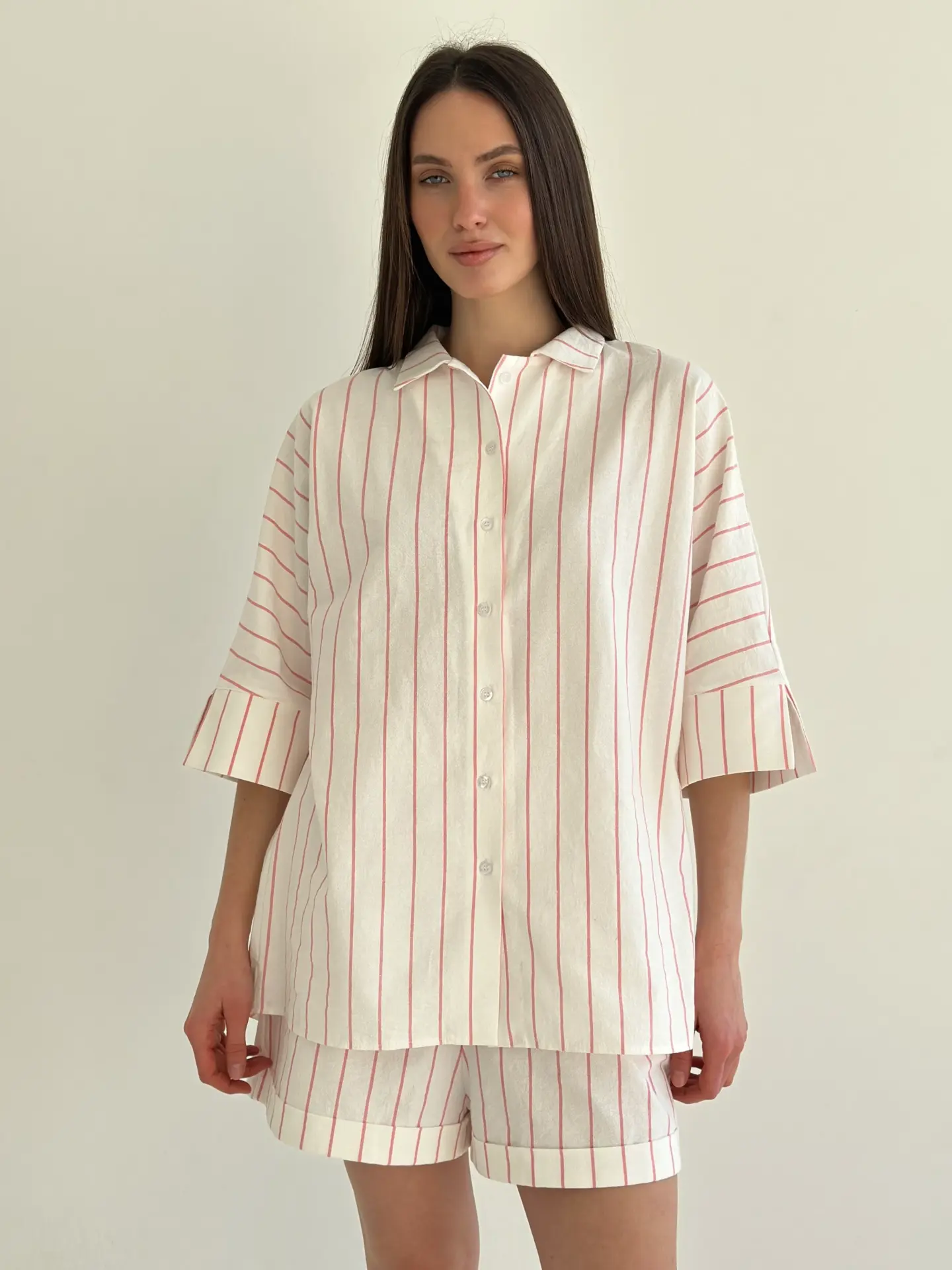 Костюм сорочка та шорти котон “рожева смужка на молочному”